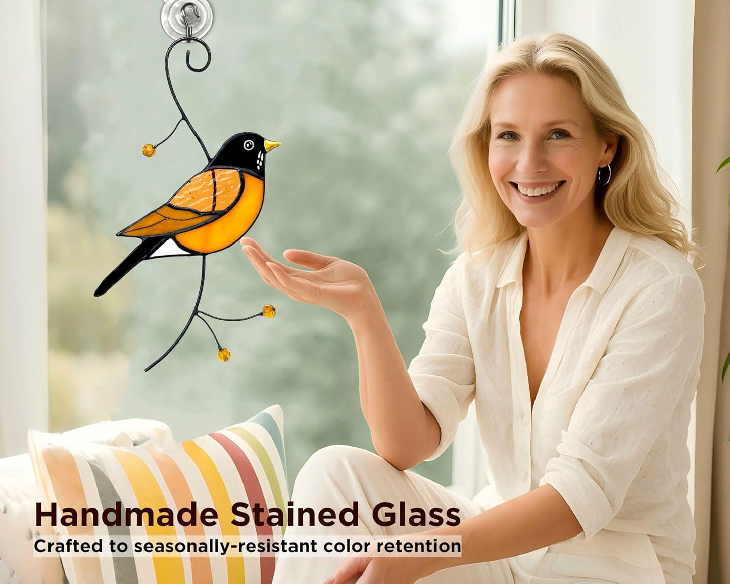 American Robin Stained Glass Window Hanging - Handmade Real Glass Robin Bird Suncatcher for Women, Mom, Grandma - Elegant Gifts Box Home Decor (H7.9xW4.1 Inch)