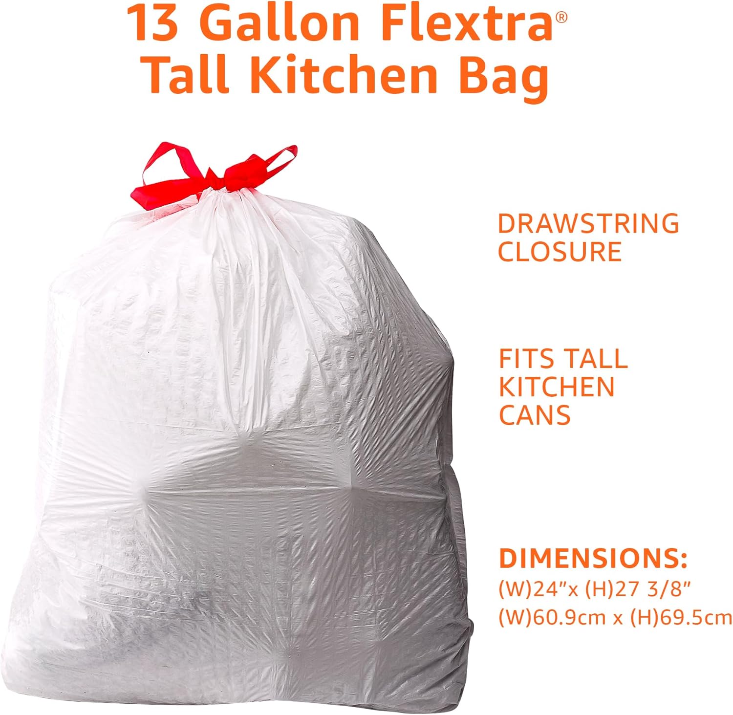 Amazon Basics 13 Gallon Tall Kitchen Drawstring Trash Bags, Flextra St