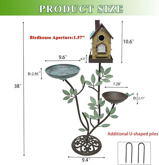 38" H Cast Iron Pedestal Bird Baths for Outdoors,3 in 1 Metal Bird Bath Bowl with Bird Houses and Bird Feeder,Garden Yard Decor