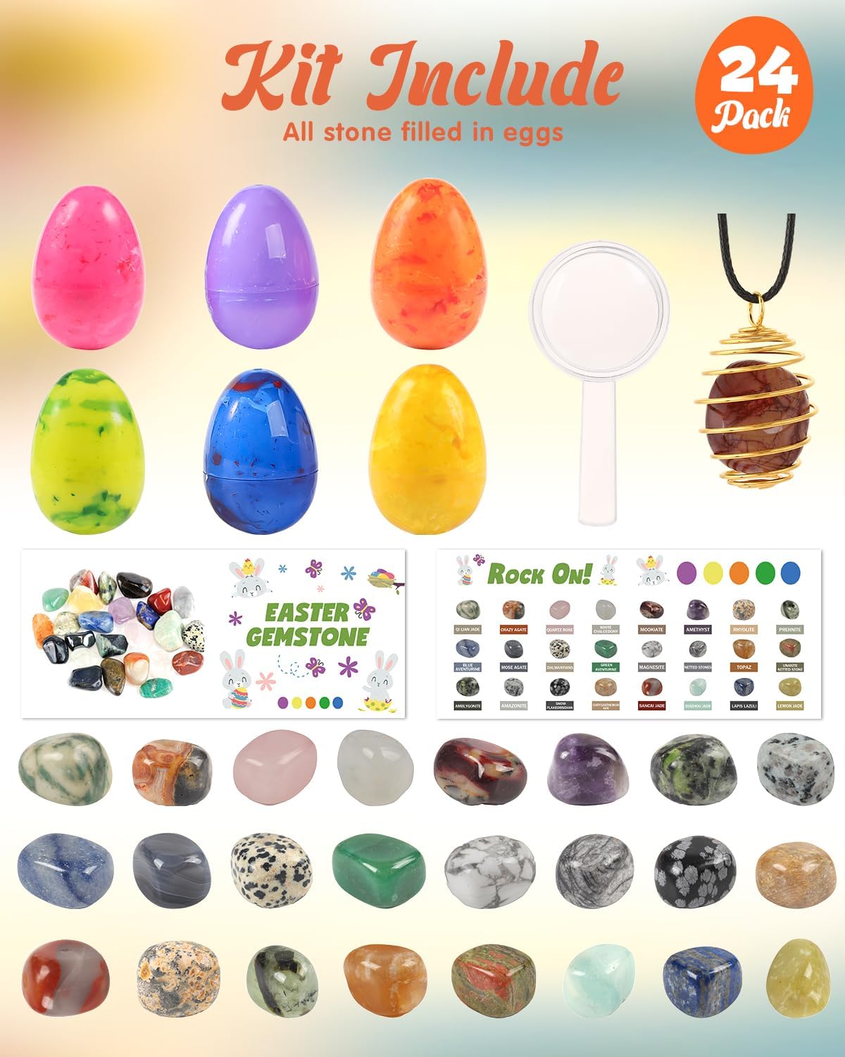 Filled Easter Eggs Fillers Stuffers Set, 24 Pack Prefilled Easter Eggs & Gemstones - Perfect for Kids & Teens Easter Egg Hunt, Party Favors, Classroom Prize Supplies