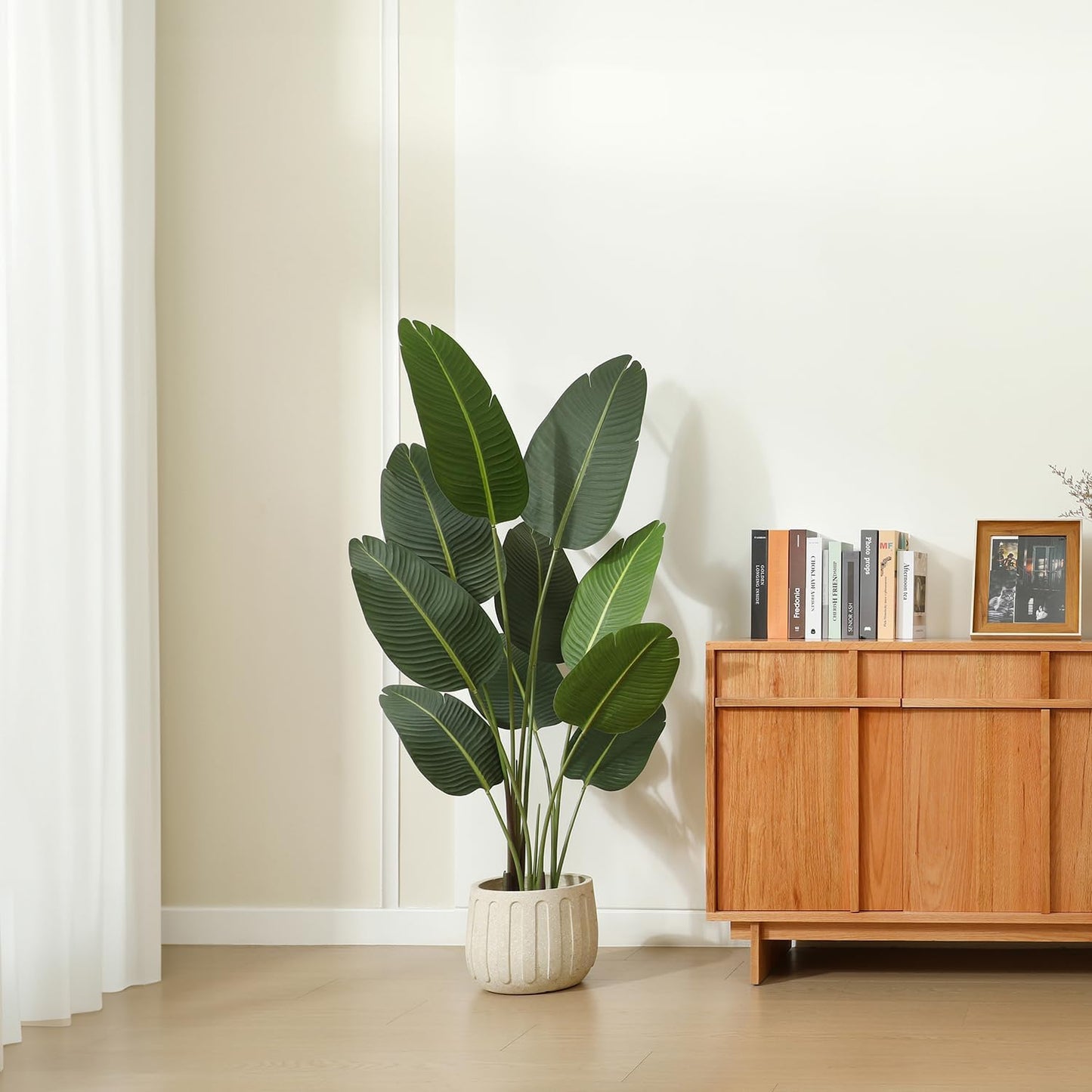 Artificial Bird of Paradise Plants 5Ft Fake Tropical Palm Tree with 10 Trunks in Pot and Woven Seagrass Belly Basket Perfect Faux Plant for Home Indoor Outdoor Office Modern Decor Green