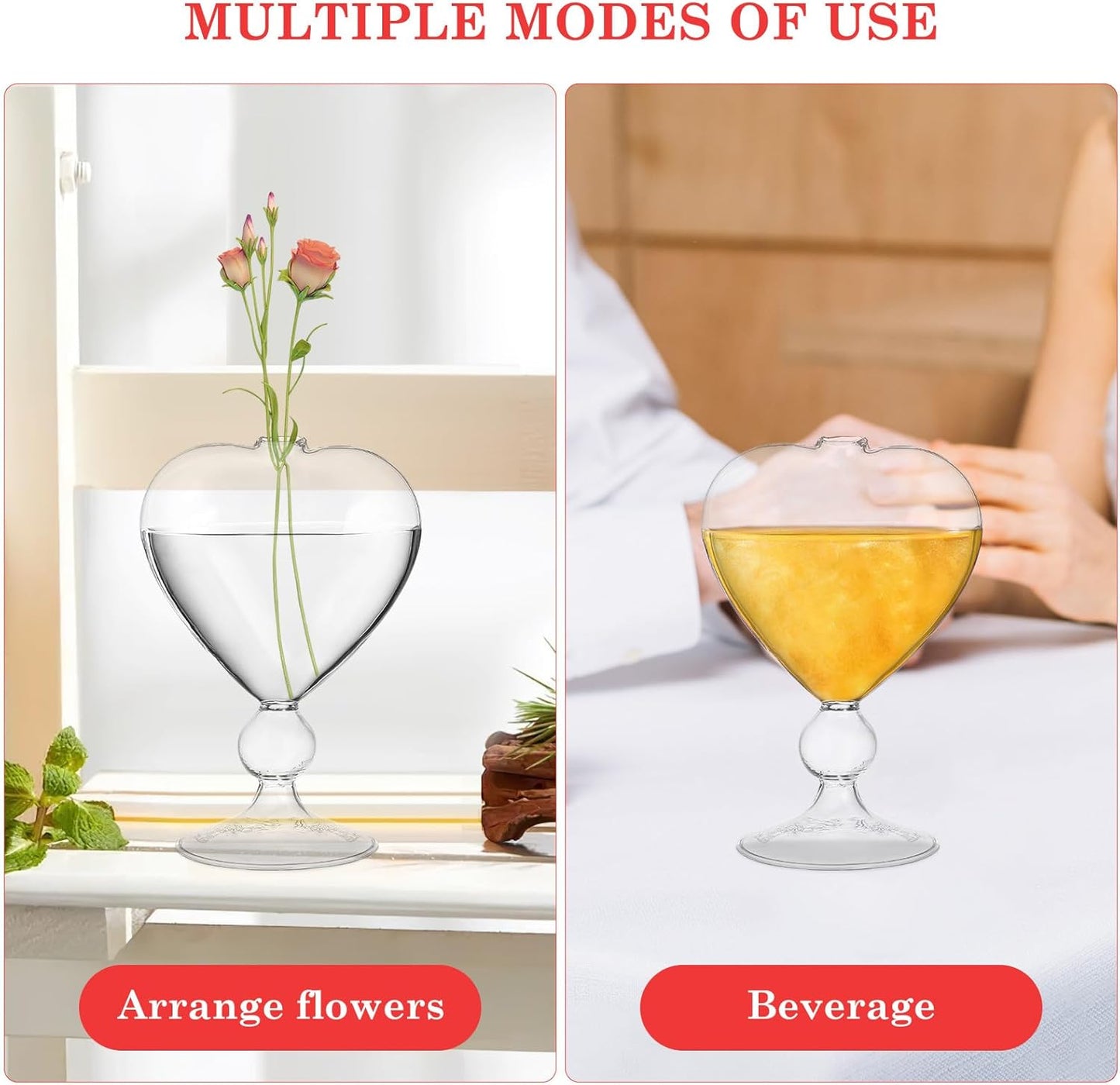 Yardwe Heart Shaped Glass Vase with Base 6.24 Inch Transparent Hydroponic Planter for Home Office Desk Plant Container Decorative Flower Holder