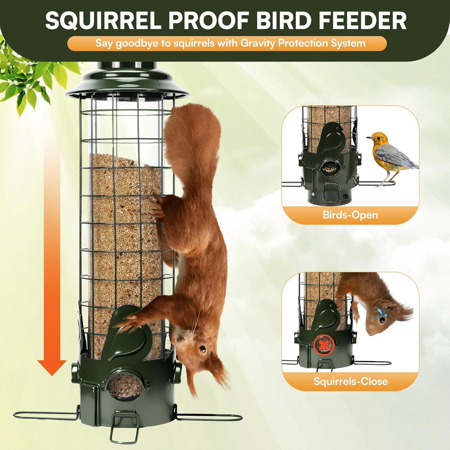 Squirrel Proof Bird Feeders for Outdoor Hanging, Weight Activated Metal Mesh Wild Outside Bird Feeder, 3LB Large Capacity Birdfeeder for Finch Cardinal Chickadee, Green