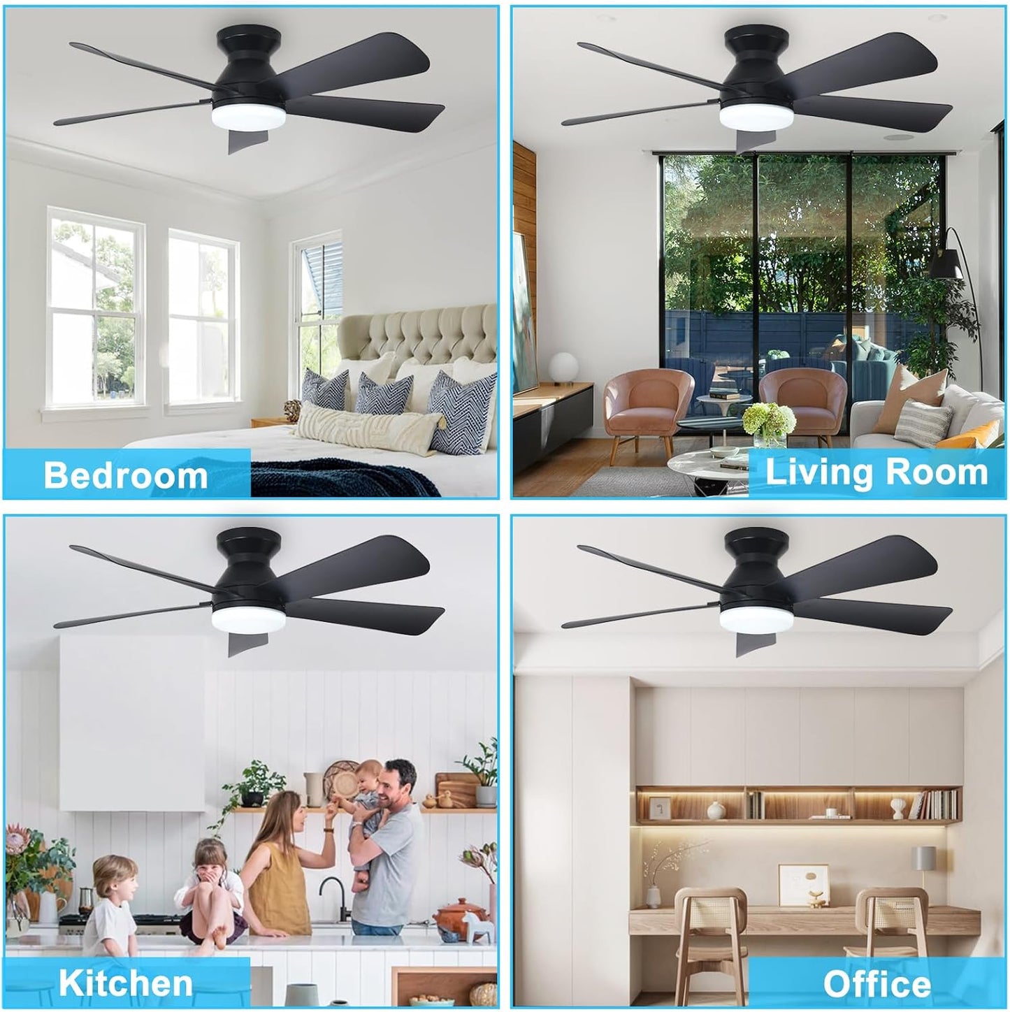 Depuley Modern Ceiling Fan with Light: 42-Inch Black Small Fans for Bedroom Indoor Outdoor - Dimmable Low Profile Ceiling Fans with Remote Control Flush Mount 5 Reversible Black Blades 6 Speeds Timer