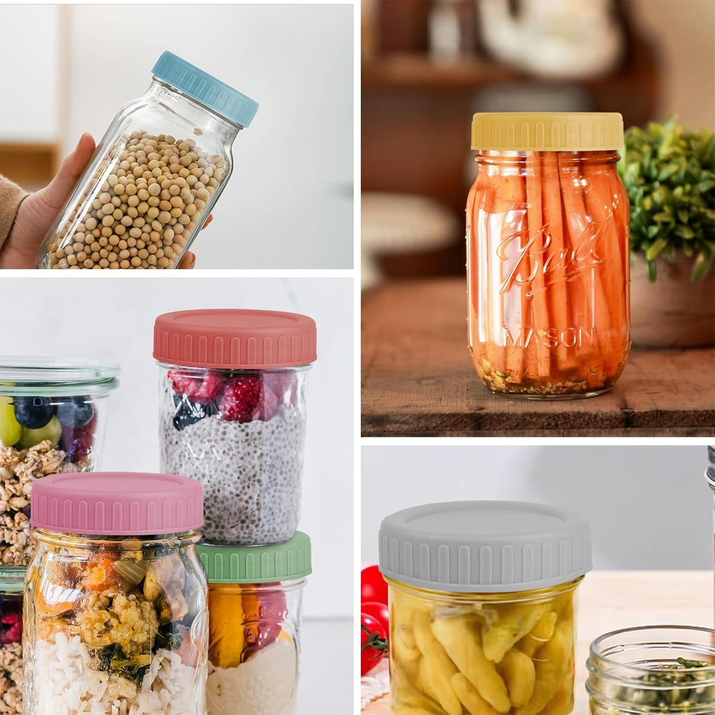 Vaincre 8PCS Mason Jar Lids - Colored Plastic Mason Lids Regular Mouth, Leak Proof Canning Covers with Silicone Rings for Ball, Kerr and More, Reusable Can Tops Caps Covers for Jars
