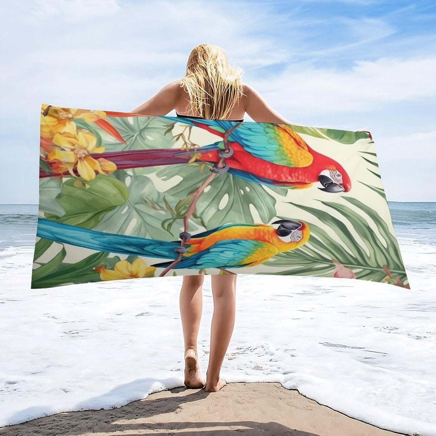 Oversized Beach Towel 63x32 Inch Sand Resistant Thin Microfiber Tropical Plants And Parrots Bath Towels for Body Absorbent Quick Dry Lightweight Travel Towel for Pool Yoga Swim Camping Adults Gift