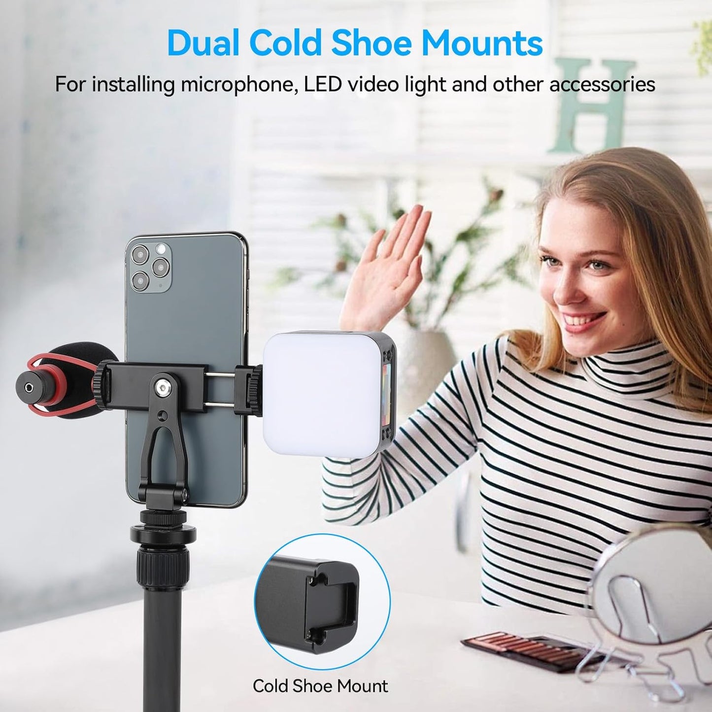UTEBIT Universal Phone Tripod Mount with Cold Shoe Mount, 1/4" Thread 180° Tilt 360° Rotation Support Vertical and Horizontal, Adjustable Phone Clamp Holder for iPhone 17 16 15 14, for Samsung Galaxy