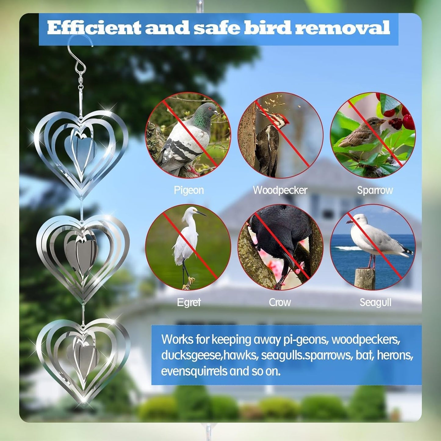 Stainless Steel Wind Spinner,3D Silver Indoor Outdoor Garden Decoration Crafts Ornaments,Metal Wind Chimes for Outside Decor,Decorations to Scare Away Yard Birds (Heart-Wind Sculpture)