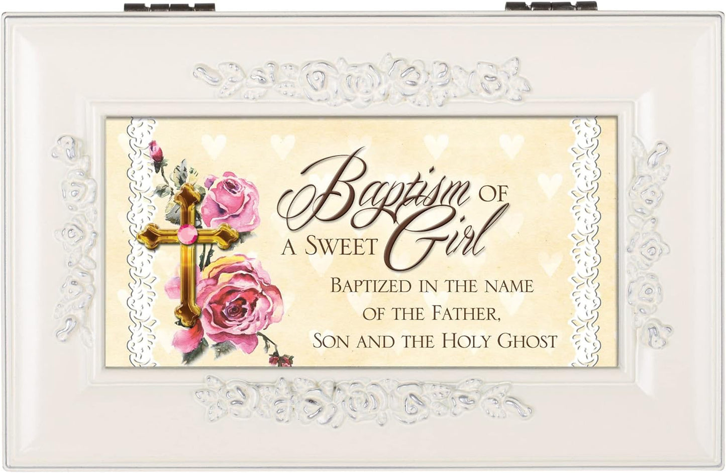 Cottage Garden Baptism of a Sweet Girl Matte Ivory Rose Petite Music Box Plays Jesus Loves Me