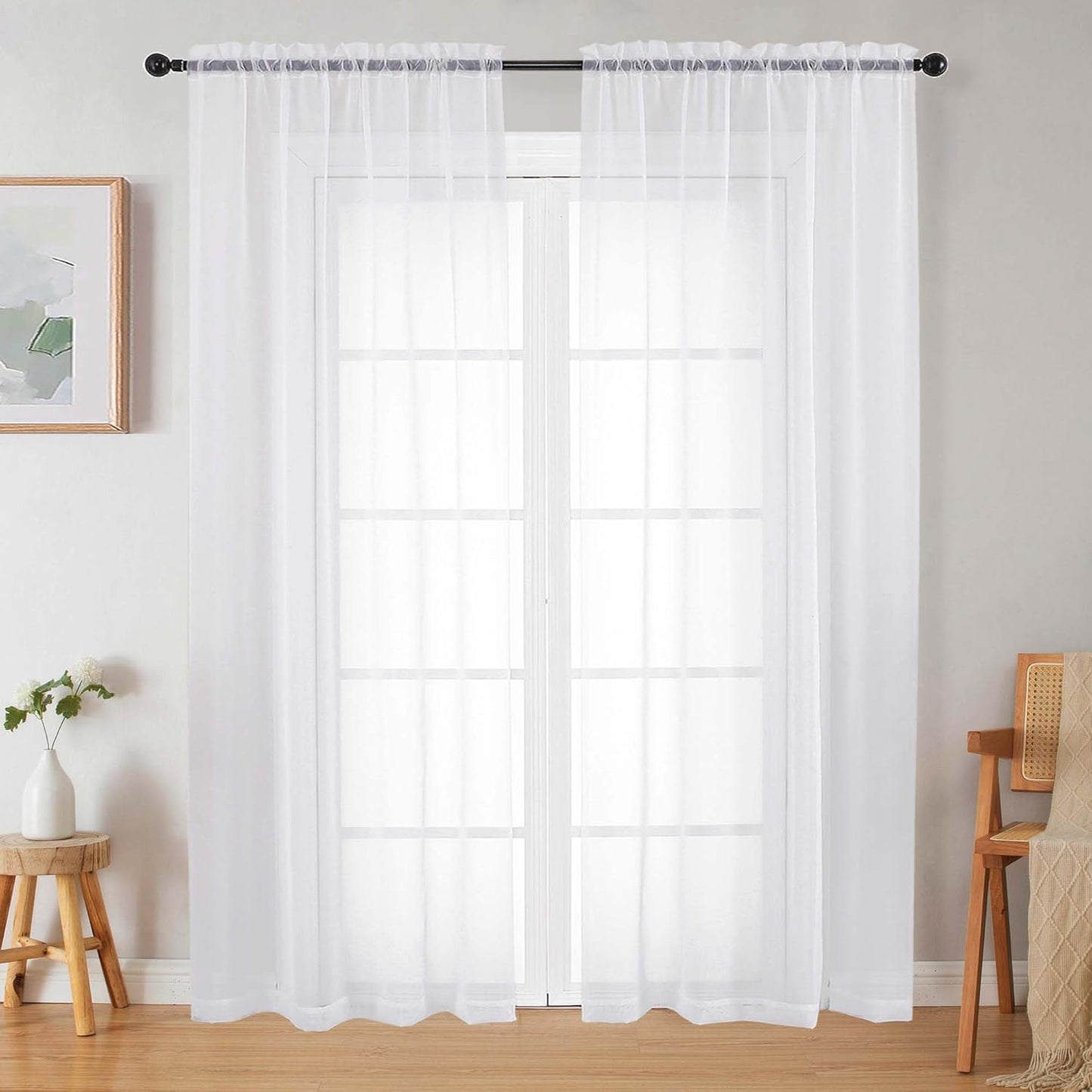 White Sheer Curtains 84 Inches Long 2 Panels Set for Bedroom Living Ro