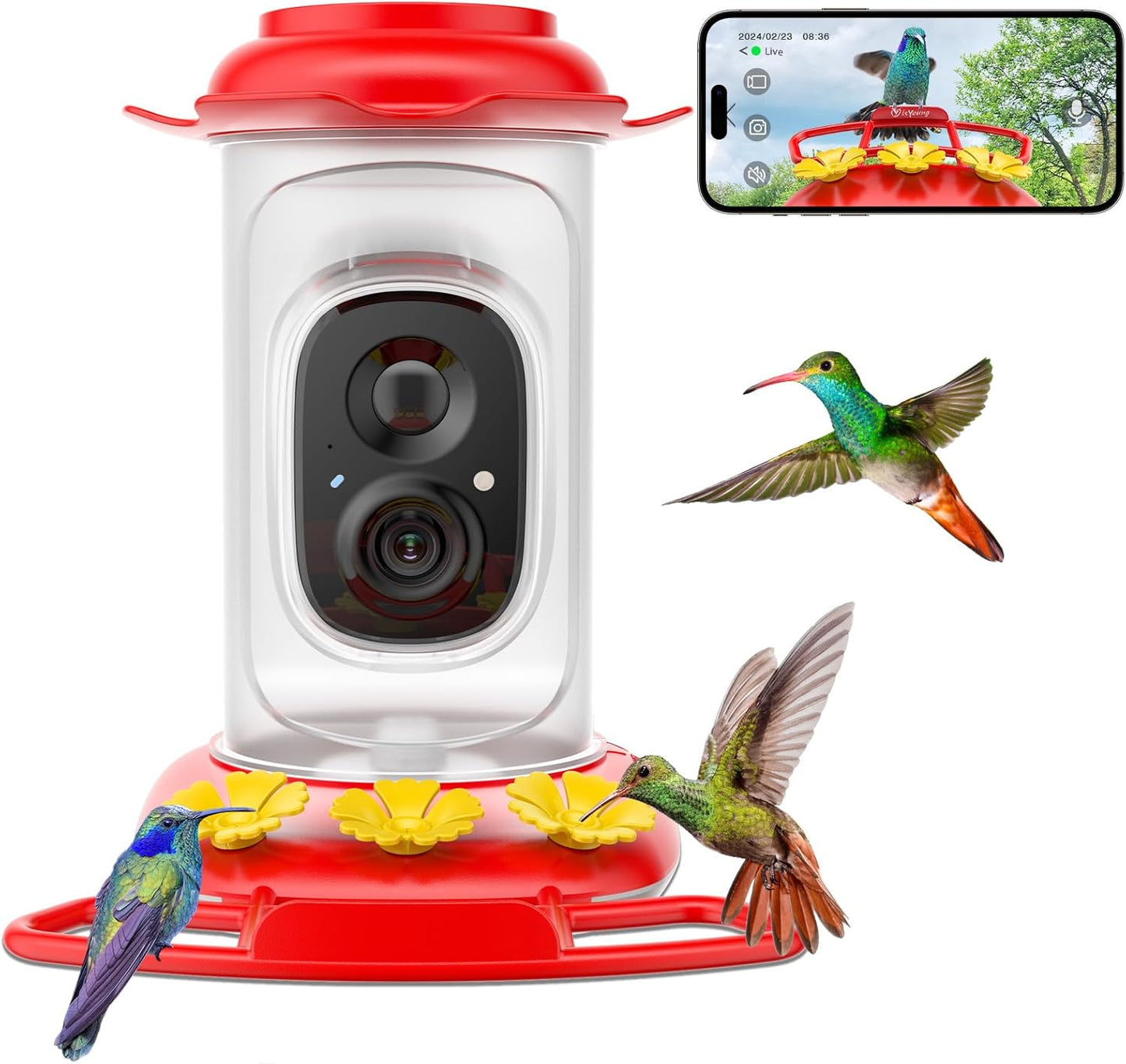 Hummingbird Feeder with Camera: Auto Capture & AI Bird ID, Wide Mouth Design, Built-in Ant Moat & Bee Guards, Outdoor Bird Watching Gift for Enthusiasts