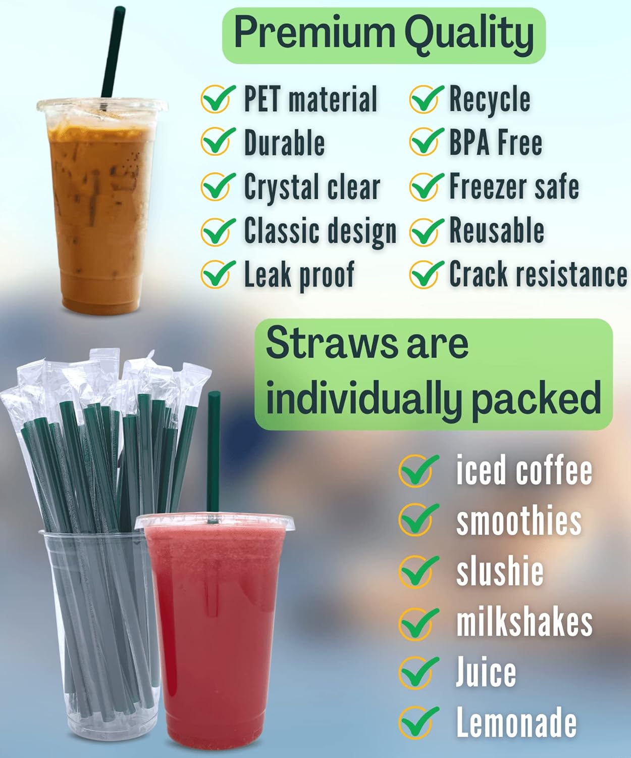 20 oz Clear Plastic Cups with Lids and STRAWS, Disposable Drinking Cup