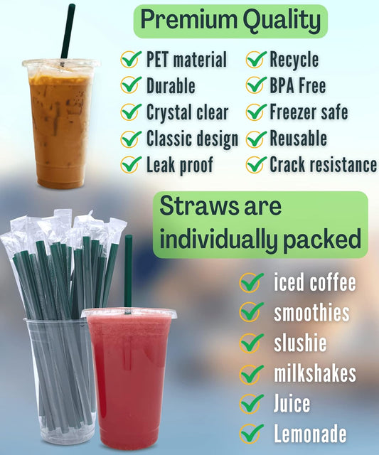 20 oz Clear Plastic Cups with Lids and STRAWS, Disposable Drinking Cup