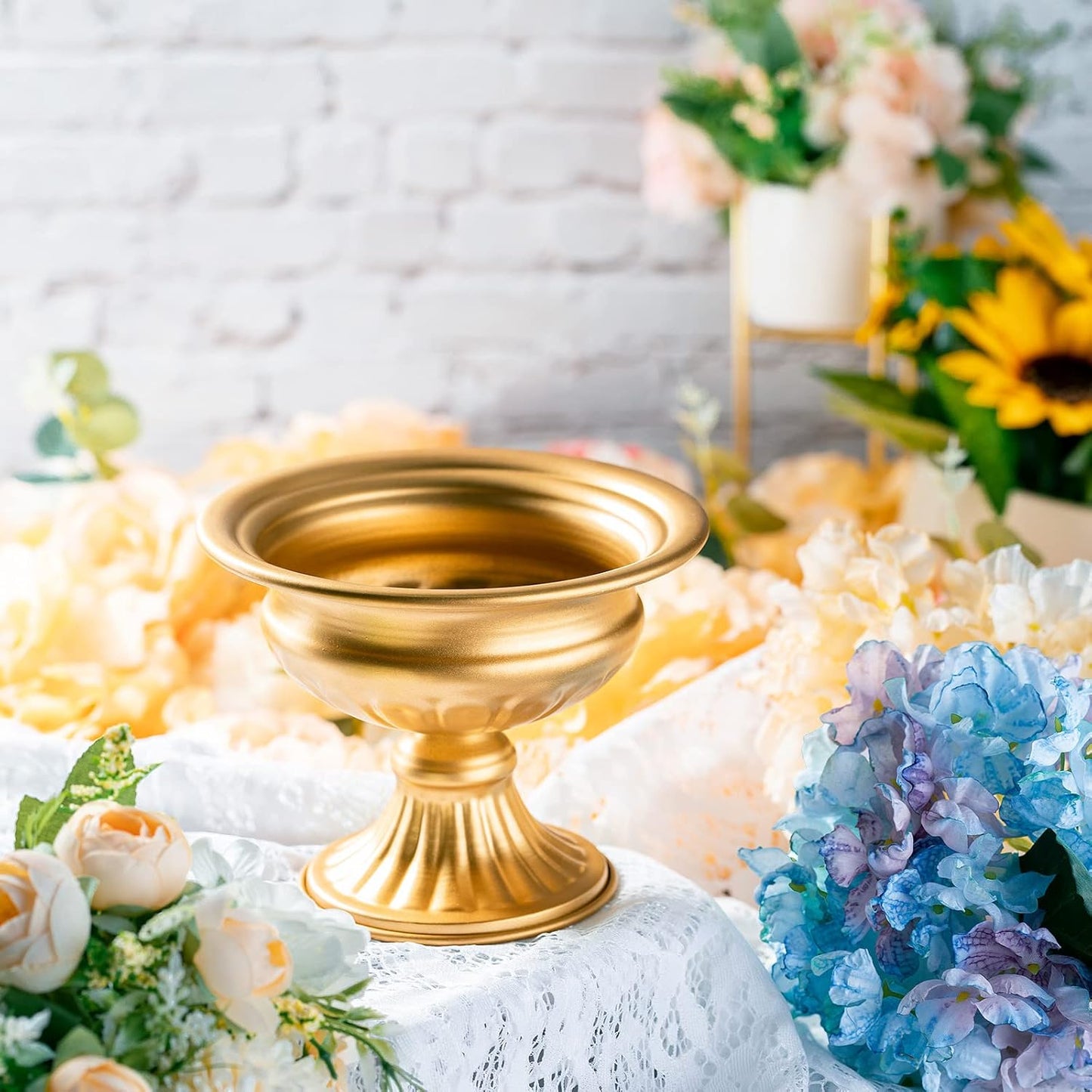 6 Pieces Mini Sized Metal Urn Planter Wedding Centerpieces Vase Gold Flower Vase Compote Vase Pedestal Vase 4.72 Inch Tall Home Flower Stand Small Plant Pots for Birthday Anniversary Ceremony