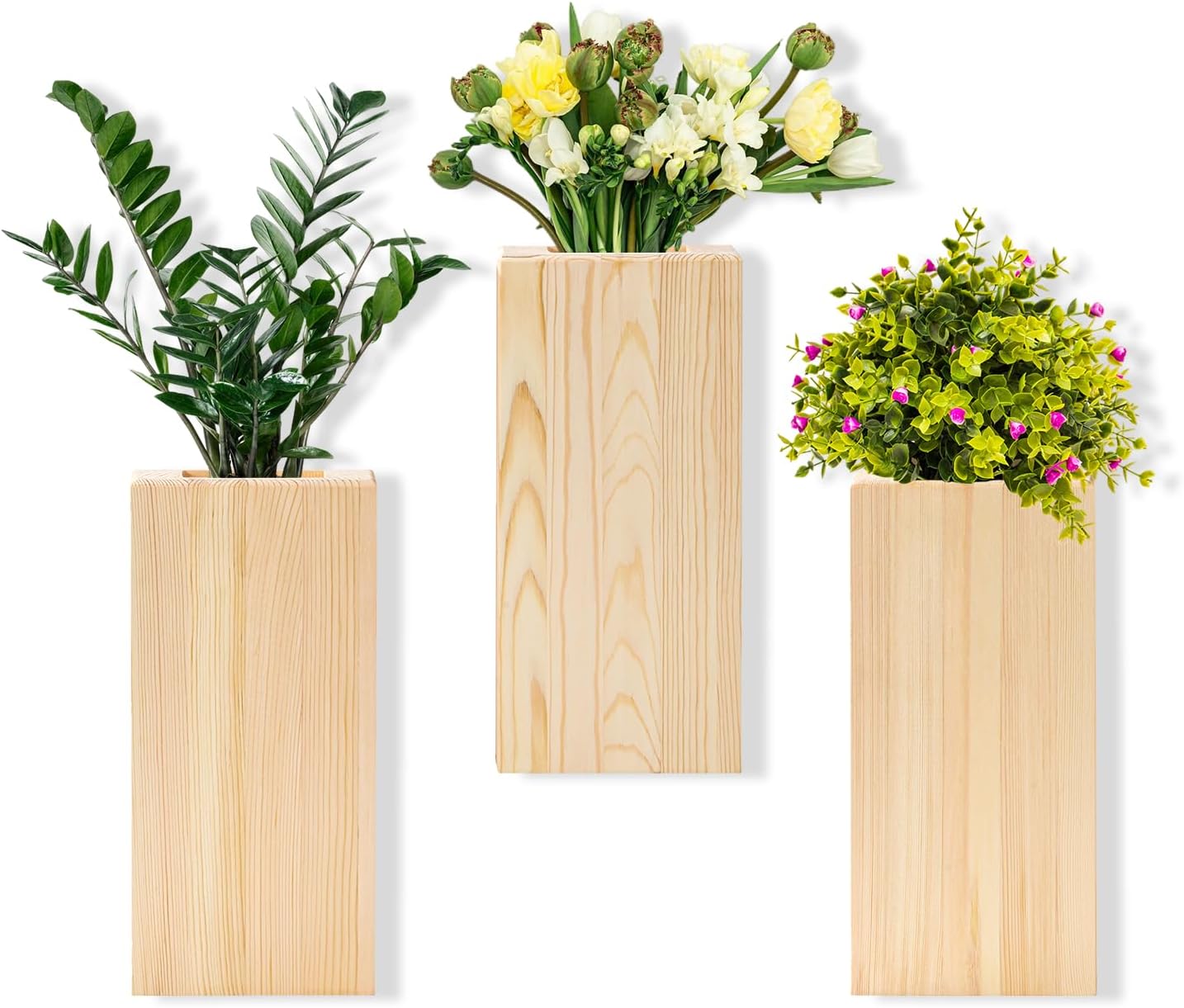 Pine Wood Wall Mount Planters - Set of 3, Modern Wall Vases for Flowers, Perfect for Bedroom, Bathroom, and Living Room Decor, Wall Flower Pots for Dried Floral Decorations