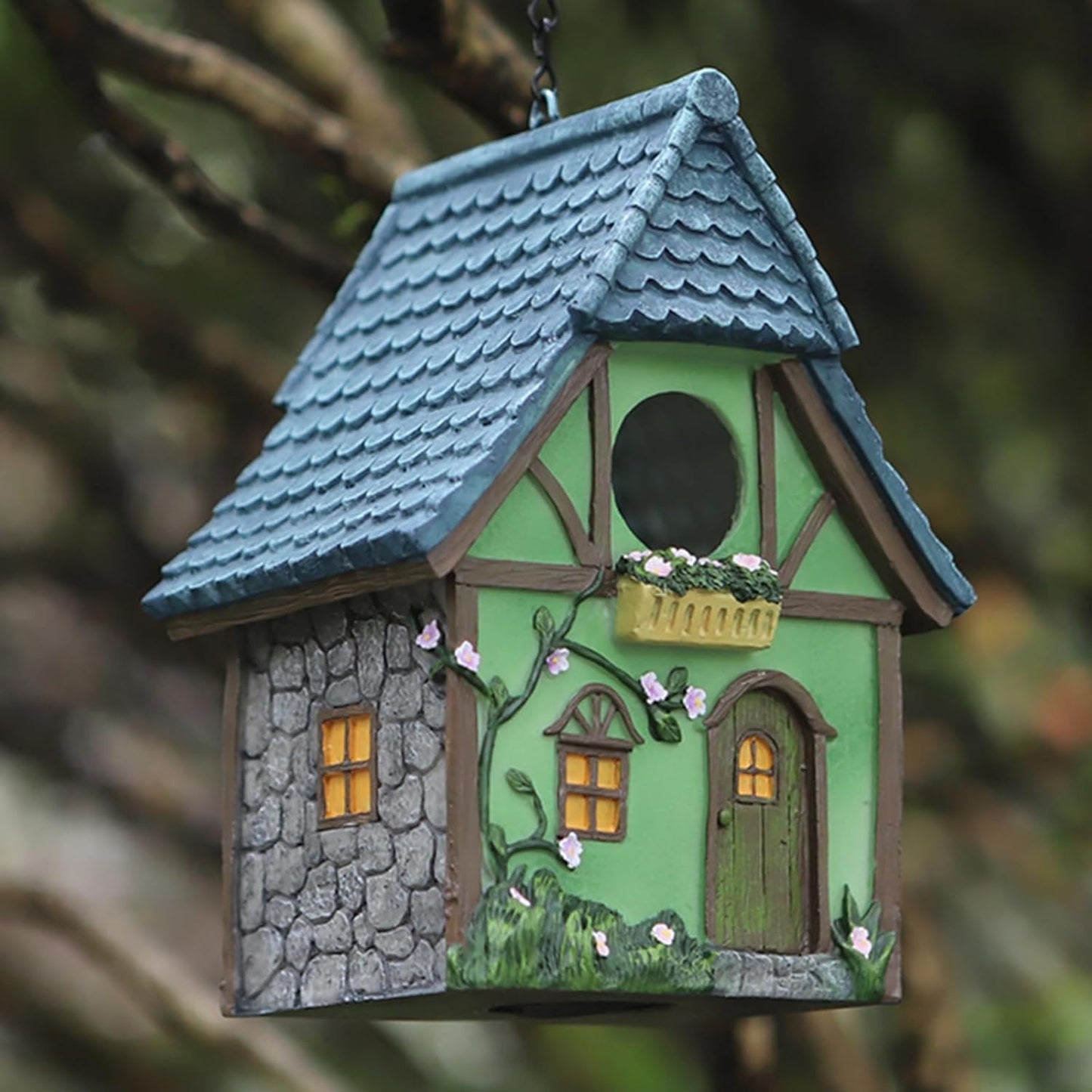 Bird Houses for Outside Cottage Garden Birdhouse –Green Resin Birdhouses for Outdoors with Flower and Stone Details for Bluebird Finches Cardinals Bird Nesting Garden, Patio, Yard