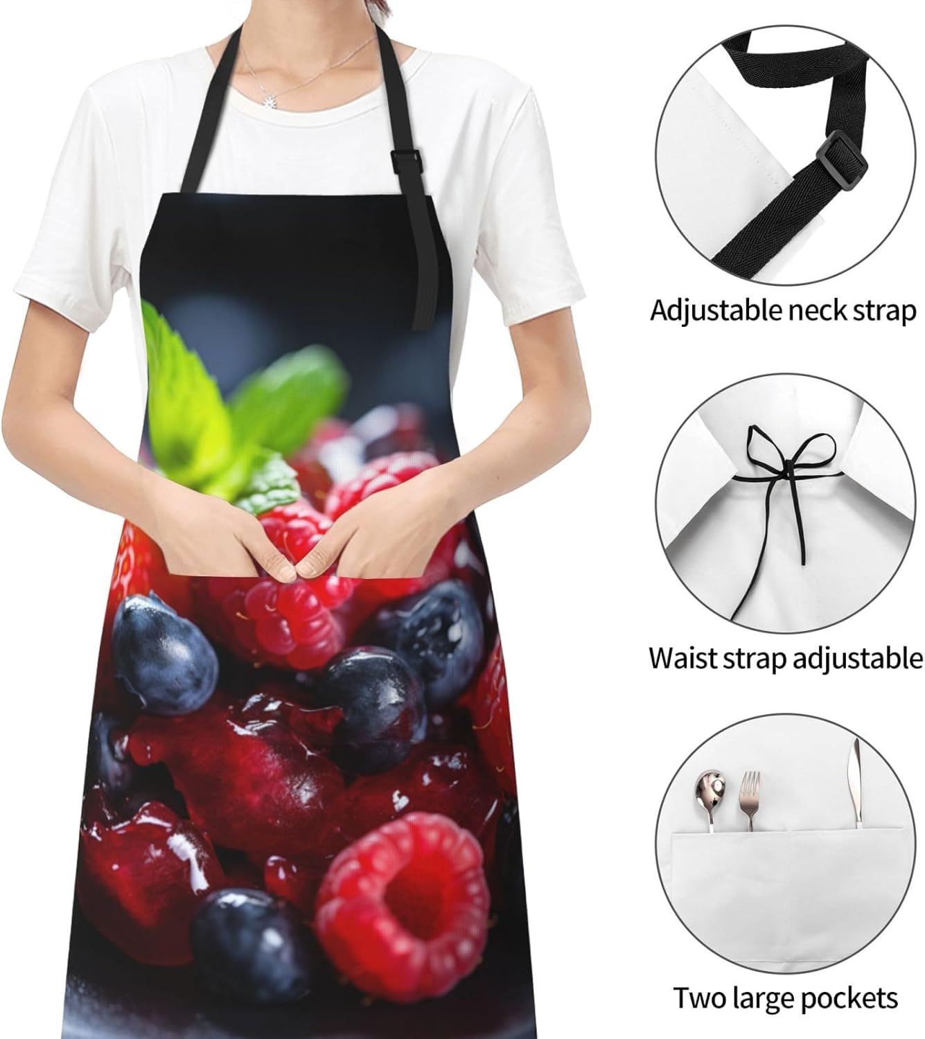 fruits on wood print Waterproof apron with pocket adjustable cooking apron for adult kitchen bibs to bake