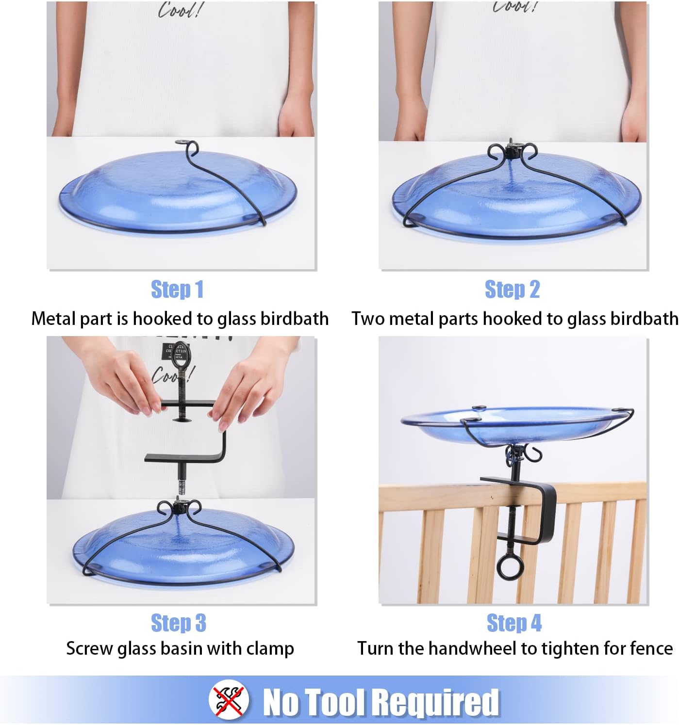 MUMTOP Deck Mounted Bird Bath, Glass Bird Baths Bowl Spa with Adjustable Sturdy Steel Clamp for Outdoor Garden Patio Lawn Yard Deck Railing Decoration, Blue
