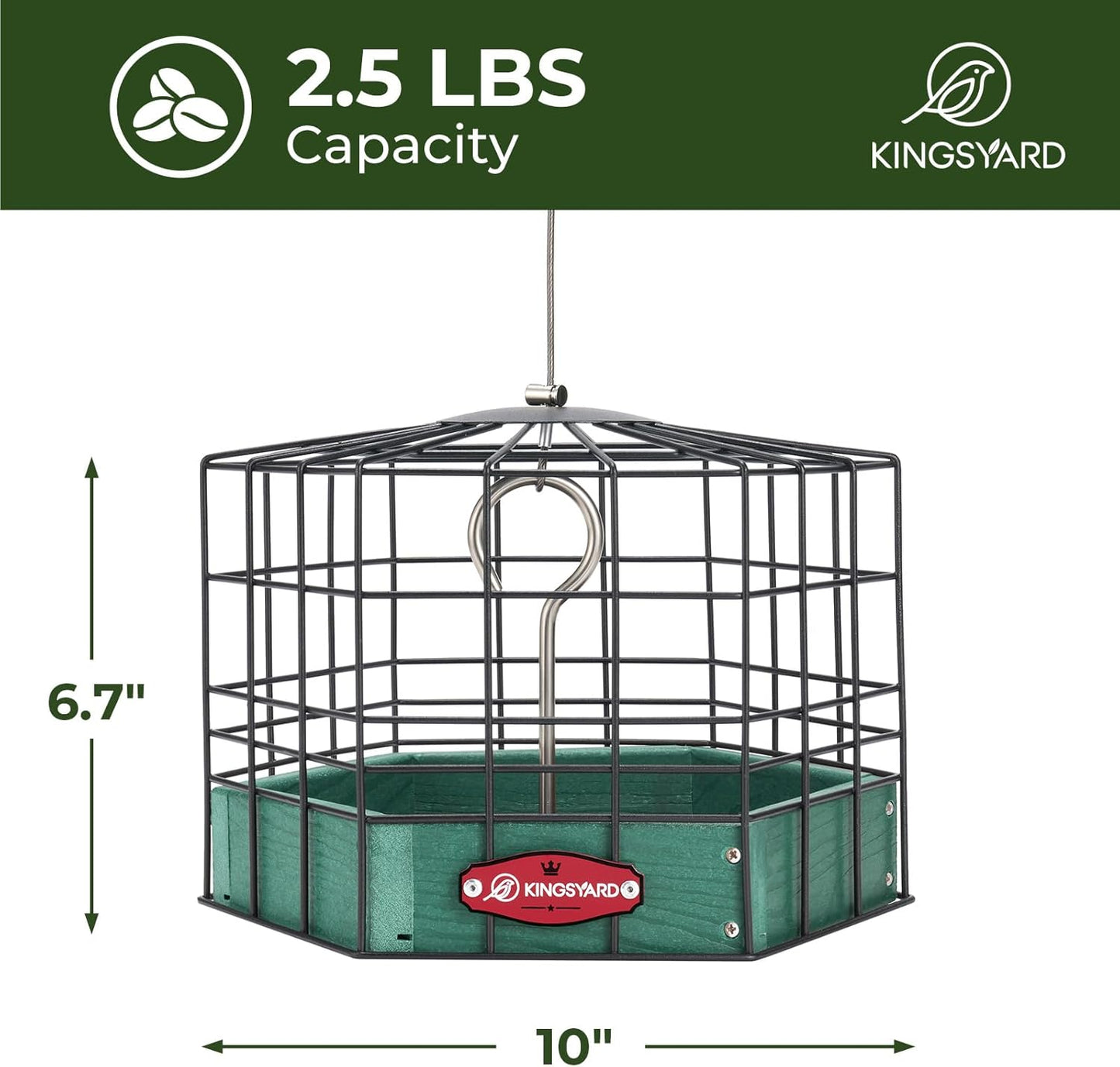 Kingsyard Squirrel Proof Platform Bird Feeders for Outdoor Hanging, 10" Wide Metal Caged Bird Feeder for Small Wildbirds Finches, Recycled Plastic Feeding Platform with Metal Seed Tray, Green