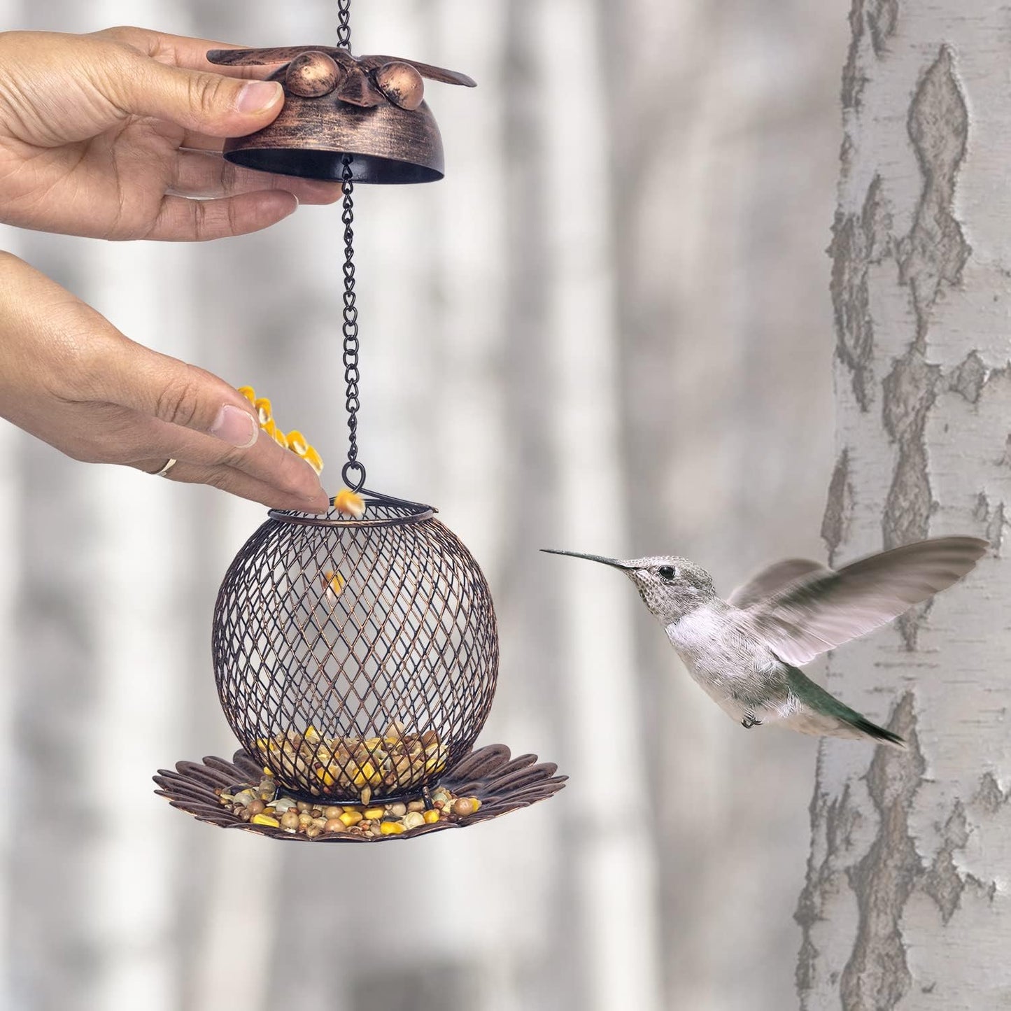 Outdoor Garden Wild Bird Feeder Hanging Bird Feeders, Heavy Duty Copper Metal Mesh Wild Finch Bird Feeder for Outside with Hook for Garden Yard Decor, Owl Shaped