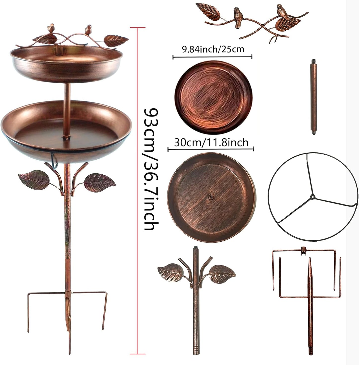 Decorative 2-Tier Bird Bath Feeder with Leaf Design Copper Metal Finish, Garden Stake Style, Outdoor Bird Feeding Station (36.7in*11.8in*9.84in)