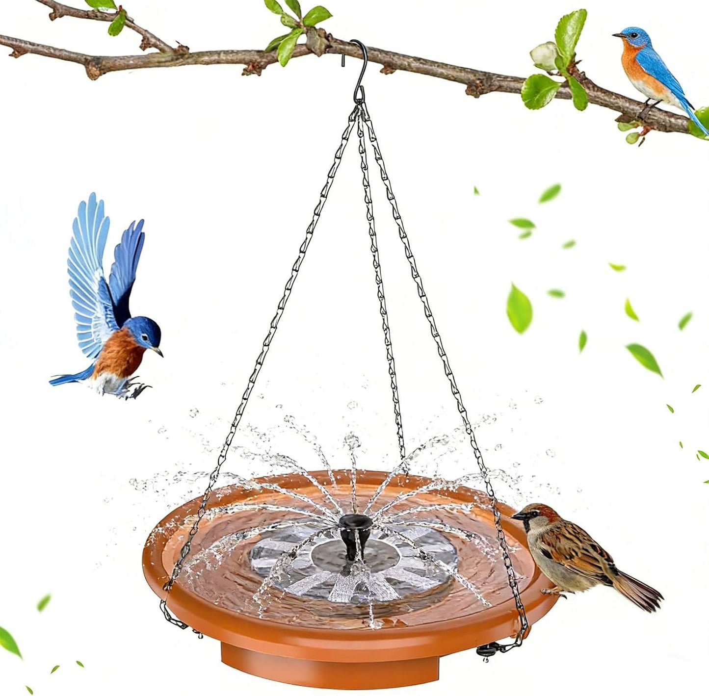 AISITIN 15" Hanging Bird Bath with Solar Fountain, Outdoor Hanging Bird Bath Bowl with 3-Tier Steps, Solar Powered Water Fountain for Bird Bath, Feeder, Drinking, Garden Patio Lawn Backyard