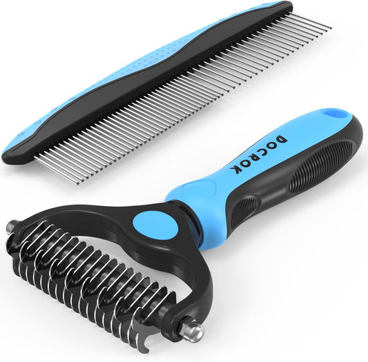 Pet Grooming Combo - Blue Deshedding Brush with Metal Comb for Detangl
