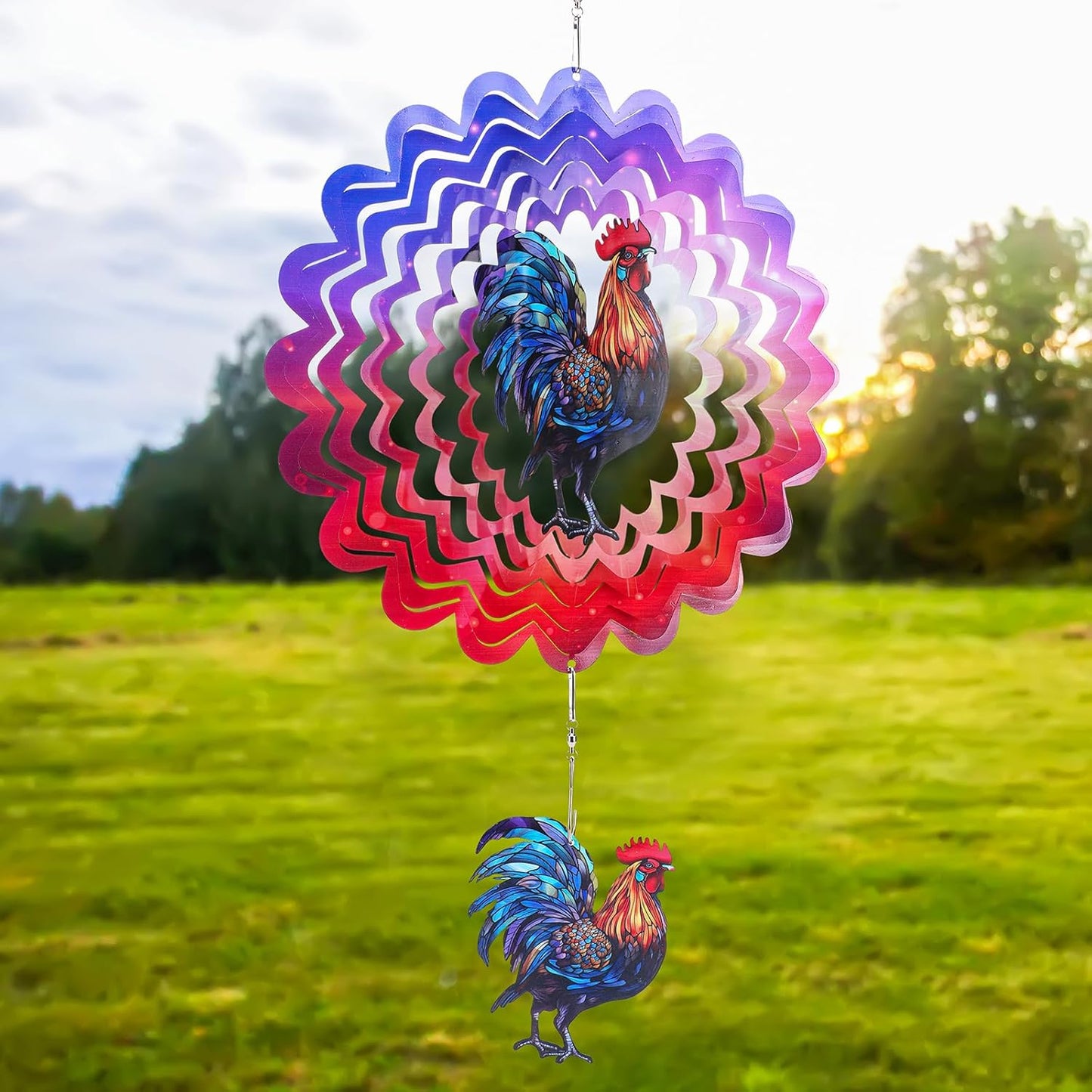 Rooster Hanging Wind Spinner Outdoor - 12 Inches Stainless Steel Wind Sculpture Aesthetic Wind Chime Chicken Farmhouse Art Ornaments for Garden Yard Balcony Patio Lawn Yard Decorations