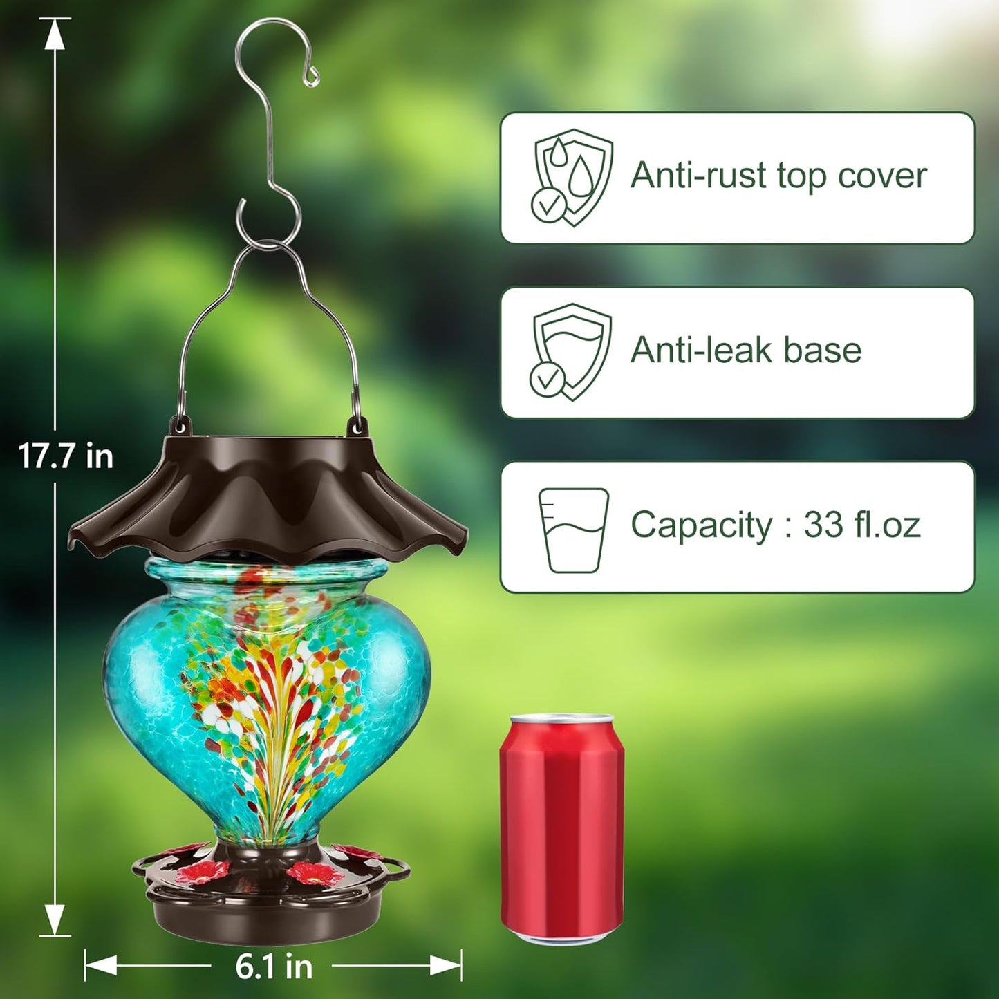 Solar Hummingbird Feeder for Outdoors Hanging, 33oz Heart-Shaped Hand-Blown Glass, Leak-Proof & Rustproof, LED Lighted Garden Decoration, Includes 2 Hooks (Teal)