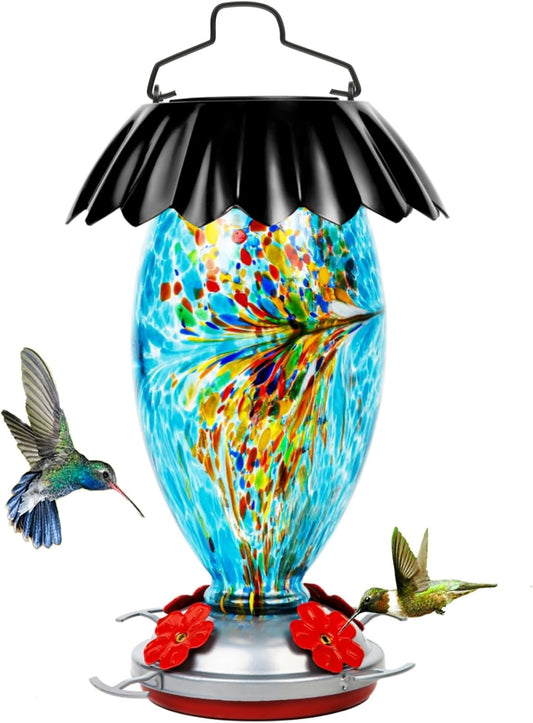 Solar Hummingbird Feeder for Outdoors Hanging Colorful Lighting 32 Oz Hand Blown Glass Hummingbird Feeder for Garden Decoration with Accessories (Blue)