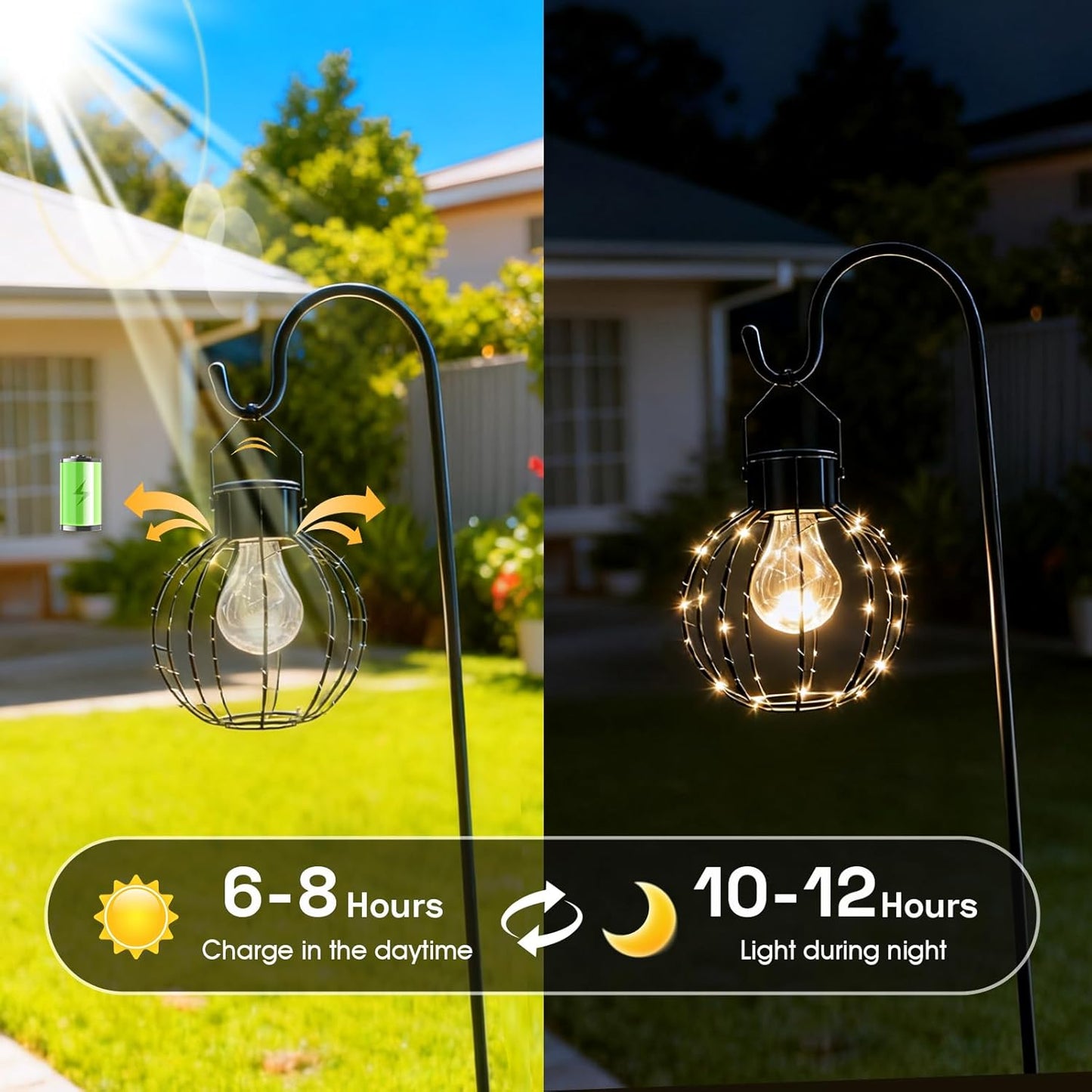 Hanging Solar Chandelier Lights, 8.19" Large Solar Pendant Lights Outdoor Waterproof with Warm White Bulb&String LED Inside, Decor for Patio, Garden, Yard, Pergola, Christmas, Camping, 2 Pack Gift Set
