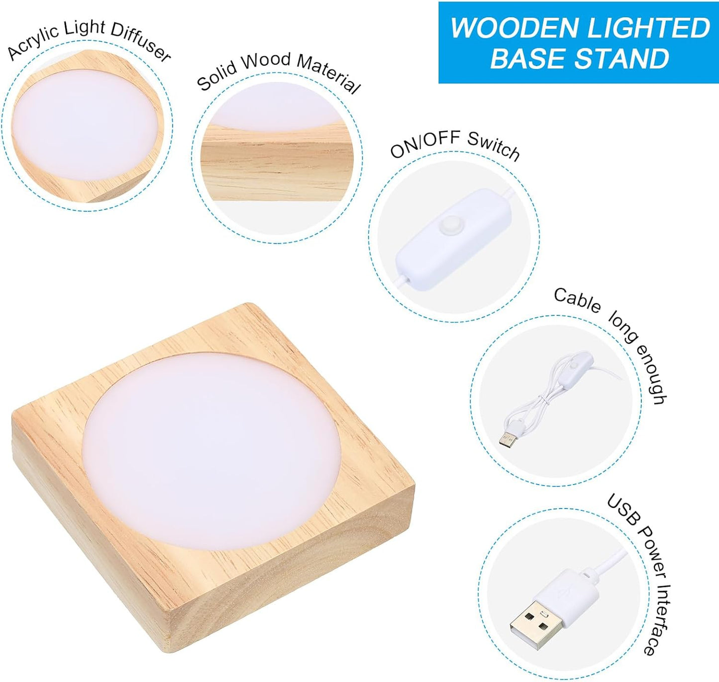 PATIKIL 3.2x3.2 Inch Wooden LED Light Base, Wood Light Display Base Stand Lighting with Switch for 3D Crystal Glass Aroma Stone Art, Warm White Light