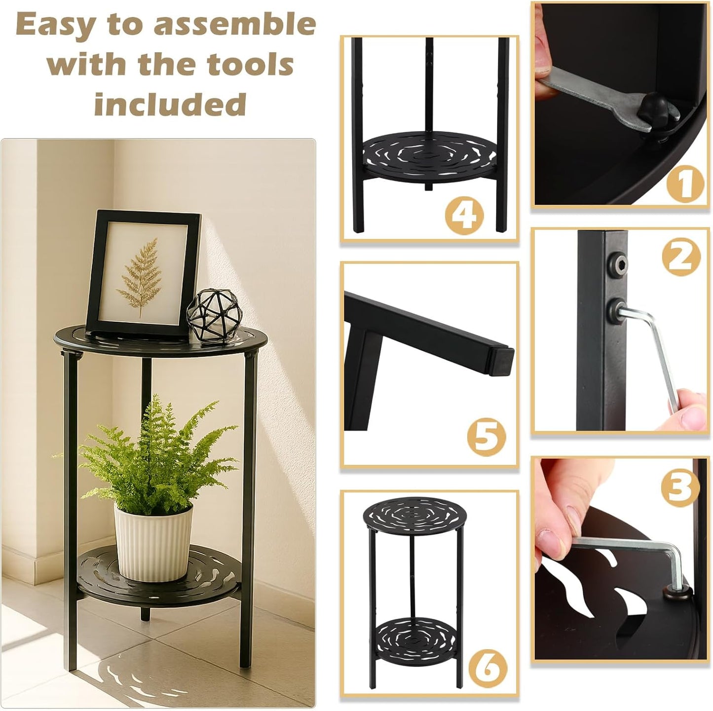 2-Tier Metal Round Side Table Black Accent Coffee Tables Small Space C
