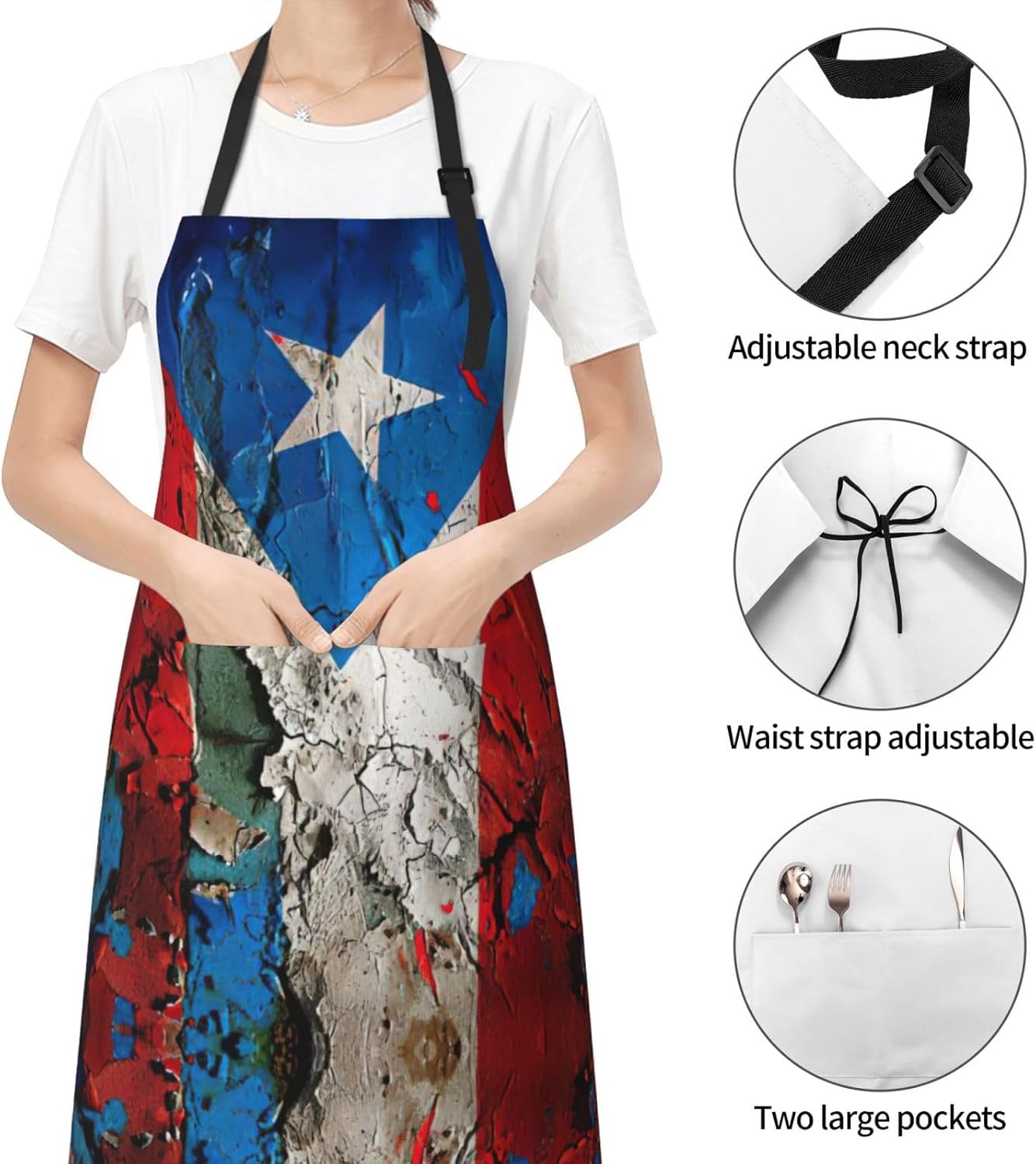 puerto rico wallpaper flag print Waterproof chef's apron with pocket apron for kitchen cooking baking barbecue and gardening
