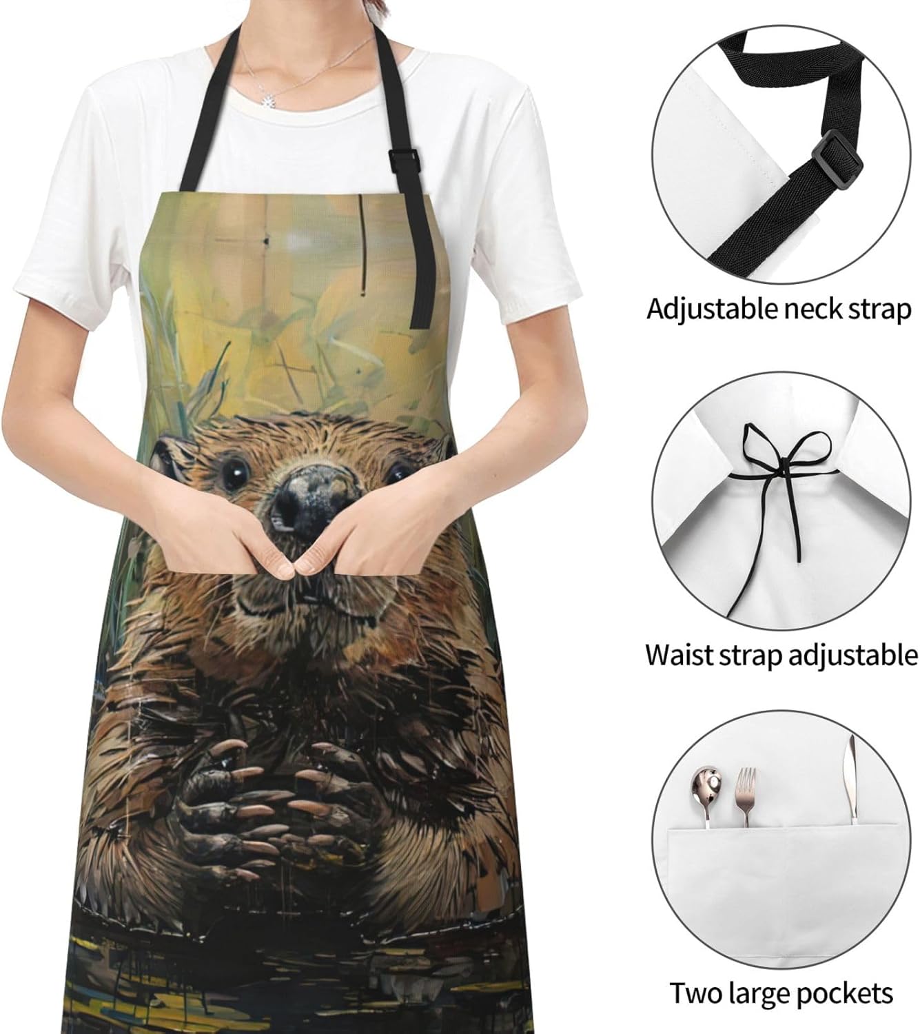 Beaver Print Laundry apron 28x33 In Waterproof Kitchen Apron with Pockets for Cooking Baking