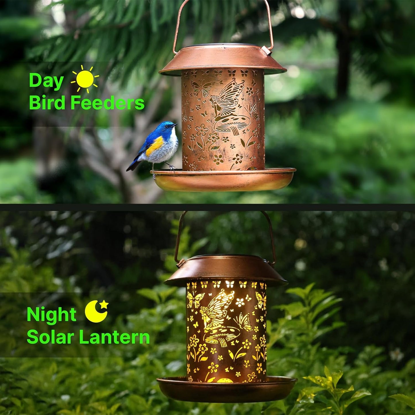 Solar Bird Feeders for Outdoors Hanging Metal Waterproof Outdoor Butterfly Lantern Wild Bird Feeder Weather Resistant Gifts for Women Friends,Yard,Patio,Porch,Balcony