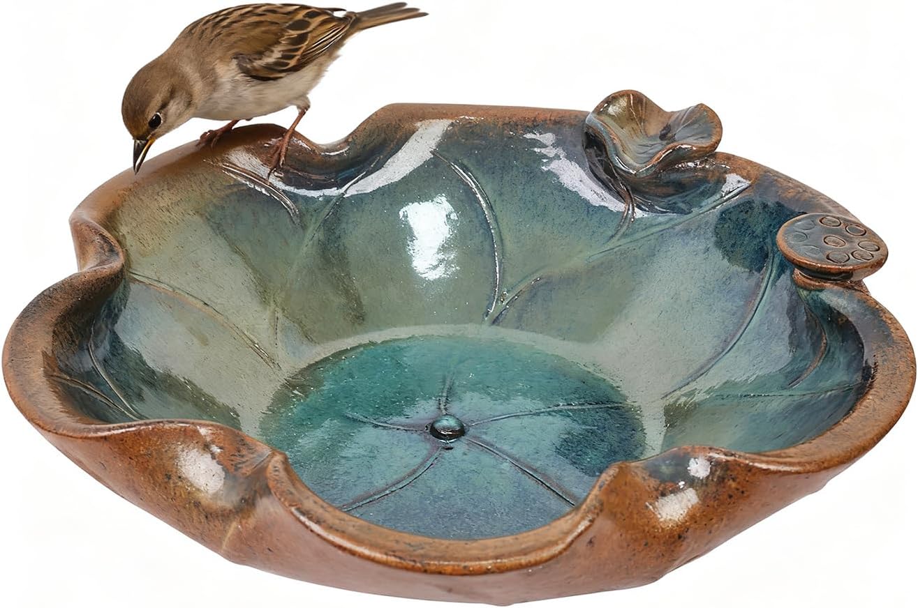 Ceramic Bird Bath and Feeder, Heavy Duty 12.5-Inch Ground Feeding Bowl, Wildlife Water Station for Squirrel Rabbit Bird Bee - Garden, Yard, Balcony Décor