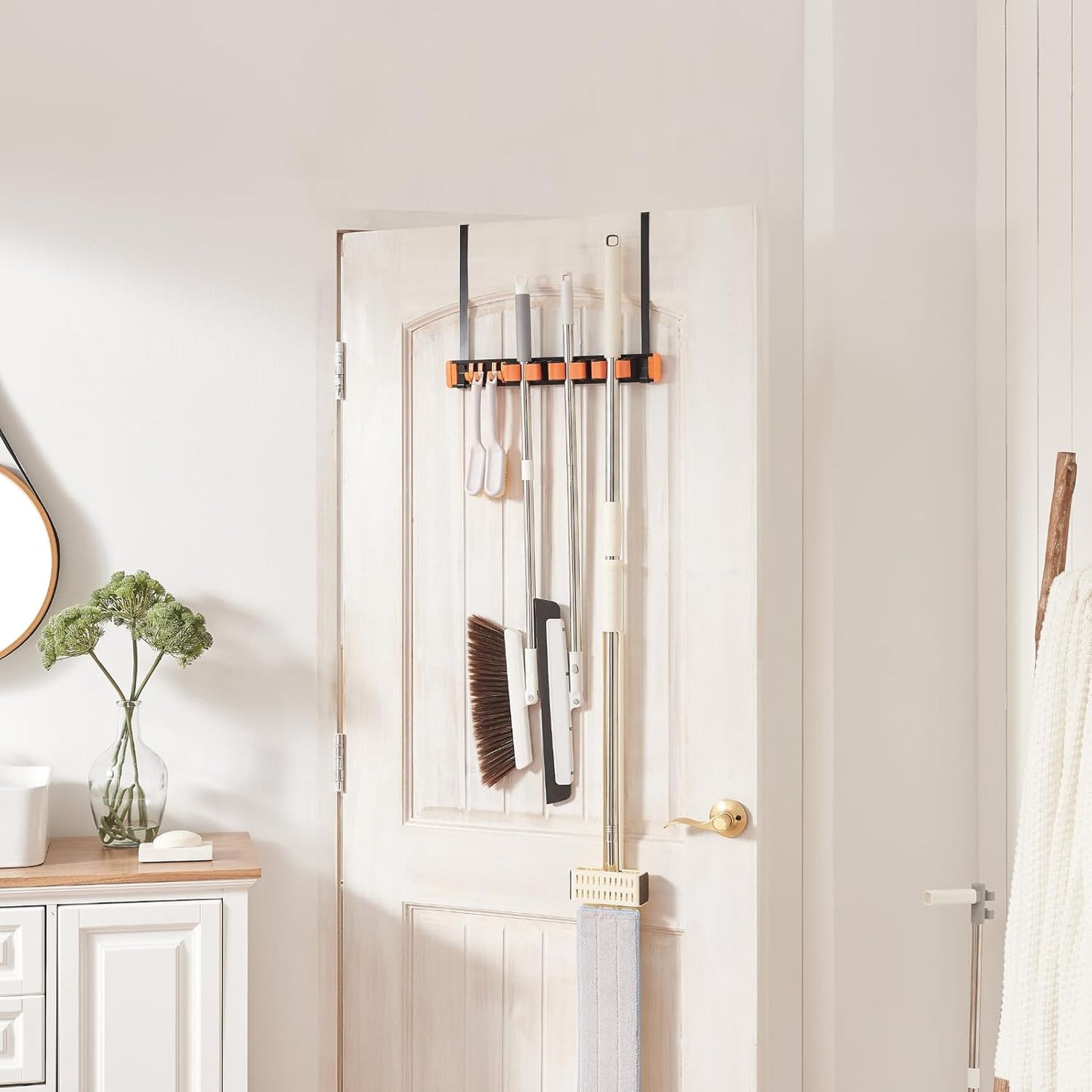 Unjumbly Broom Holder Wall Mount, Drilling Free Mop and Broom Holder with 2 Over Door Hooks, Tool Organizer for Laundry Room, Garage, Kitchen, Closet, Bathroom, Pantry - Orange
