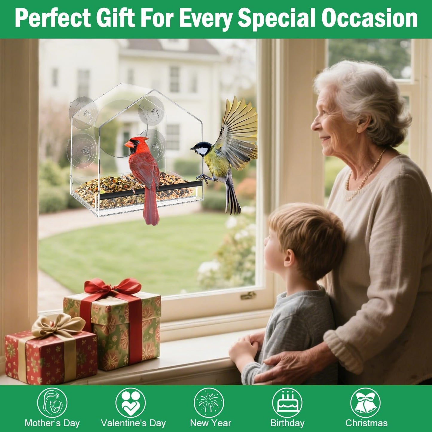 Window Bird Feeder with 4 Extra Strong 2.36" Suction Cups - 4.4" Extra Deep Tray for Large Capacity, Clear Acrylic Bird Feeder for Outdoors, Removable Tray with Drain Holes, Gift for Parents