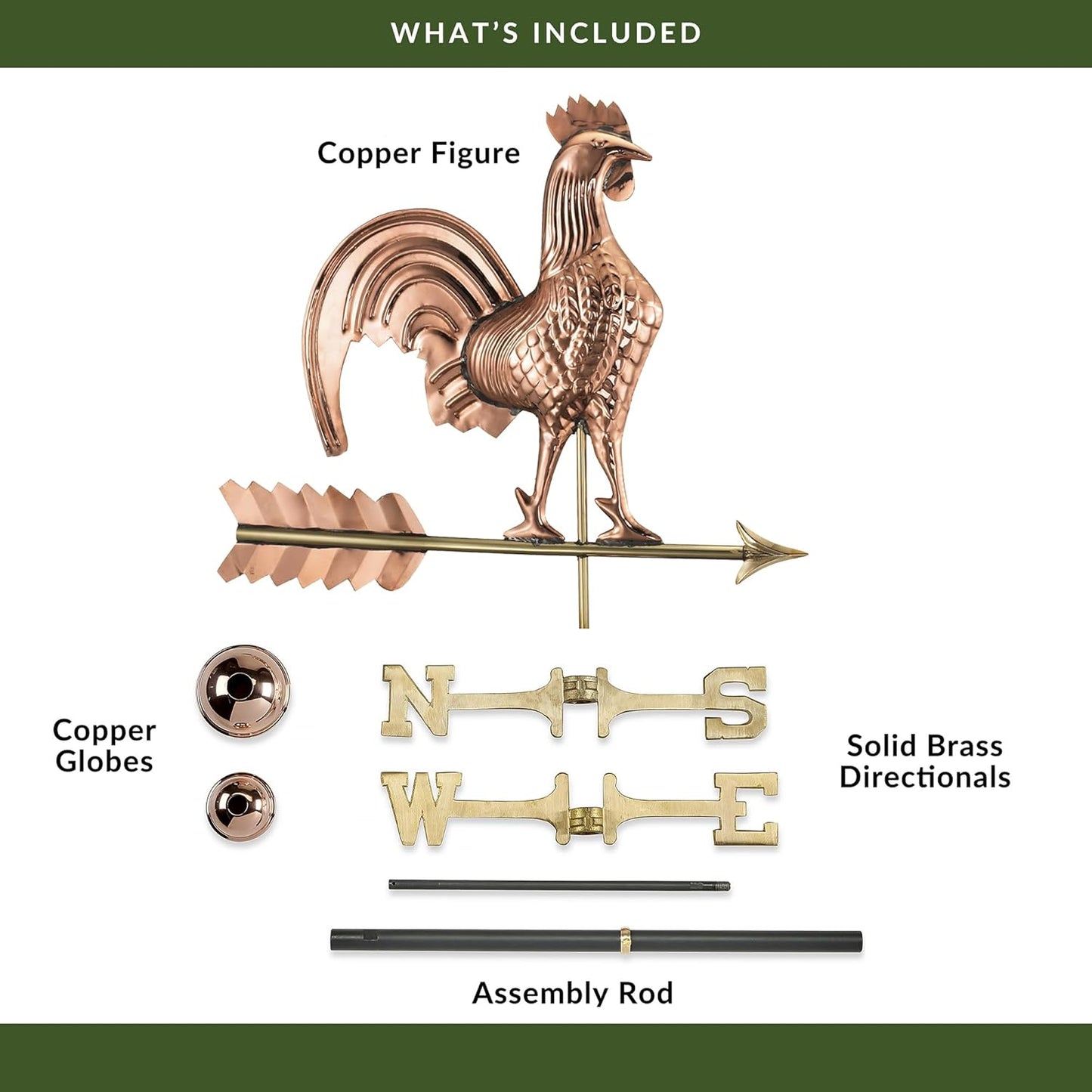 Good Directions Rooster Weathervane, Pure Copper, Polished Finish, 25-