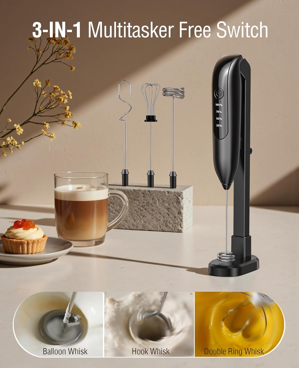 Electric Milk Frother Handheld: coffee frother rechargeable 3 in 1 - LED Display, Wireless Charging - 3 Speeds, Stainless Steel Whisk for Latte, Cappuccino - Bright Grey