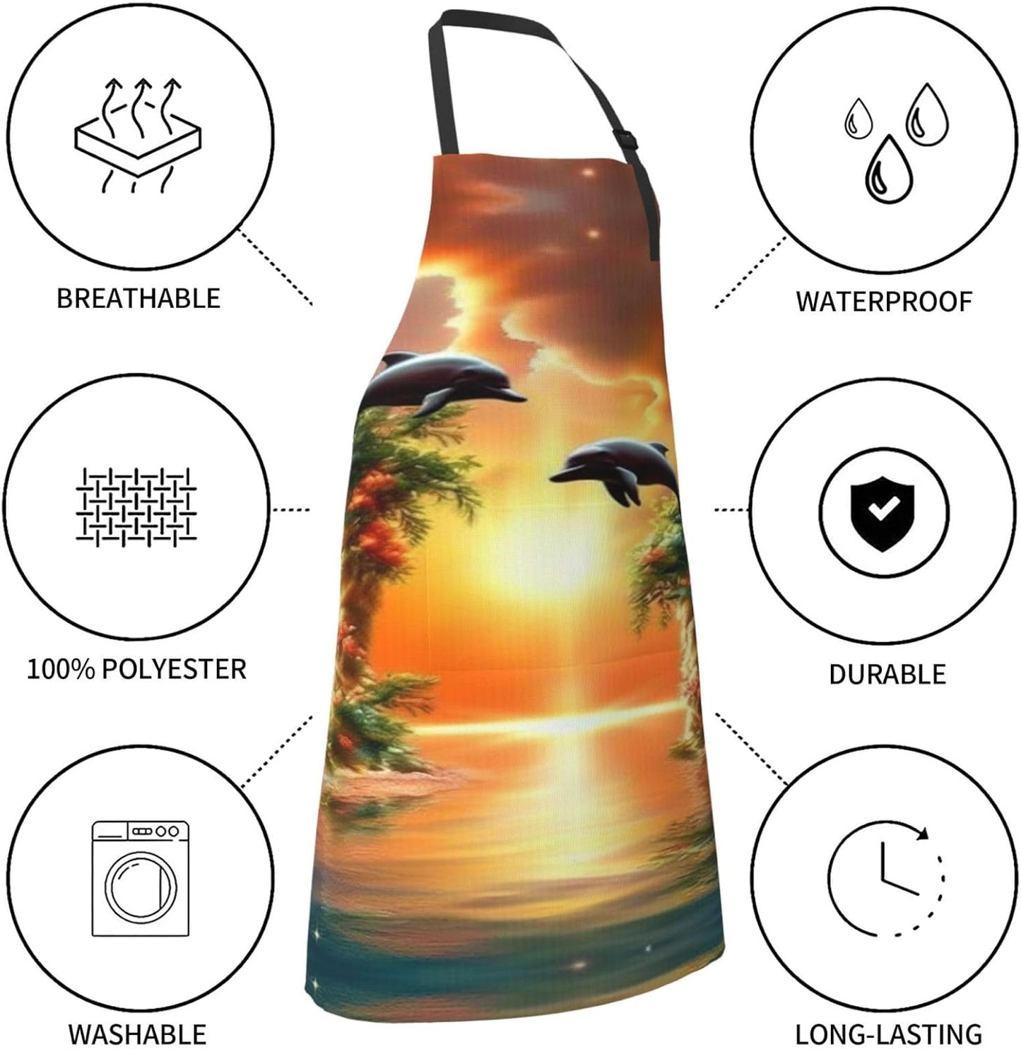 sunset dolphins print Waterproof apron with pocket adjustable cooking apron for adult kitchen bibs to bake