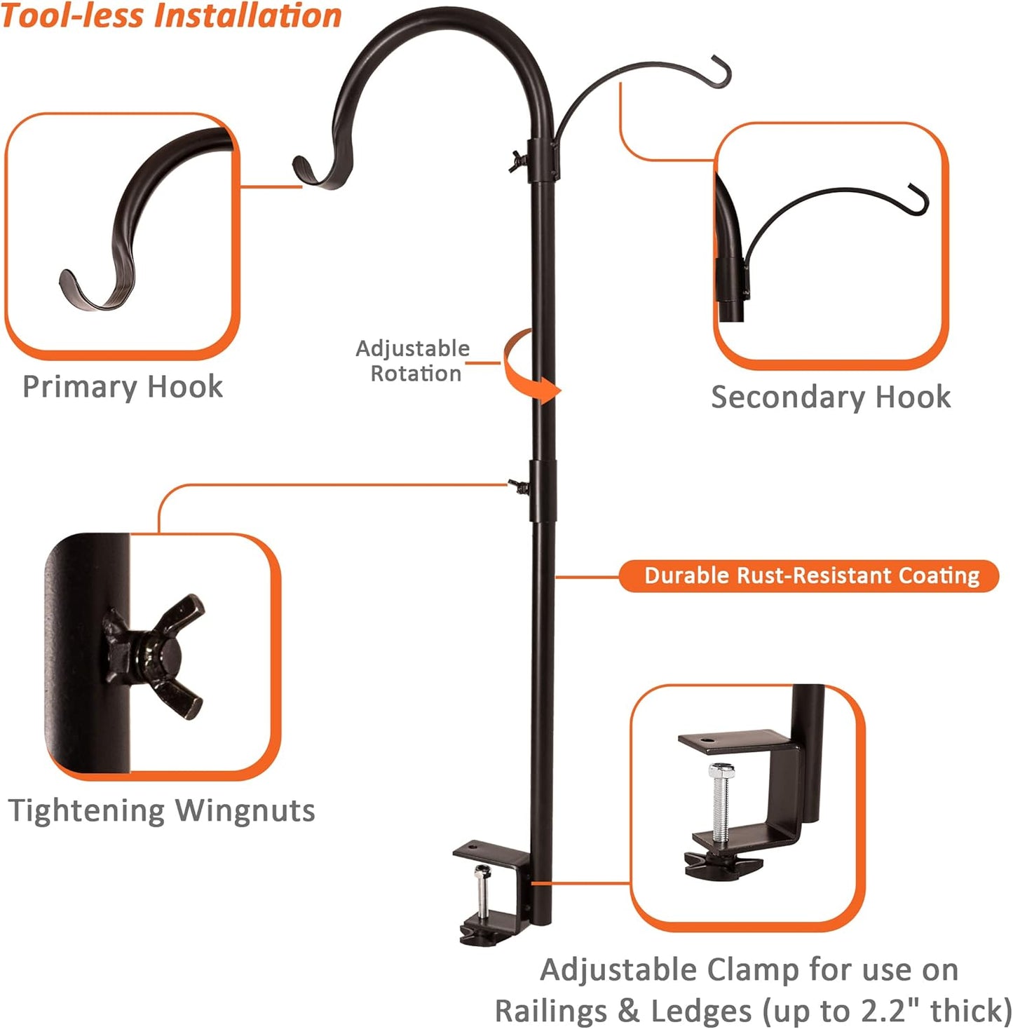 Asani 2 Pack Shepherds Hook Bird Feeder Poles, Weather-Resistant Plant and Bird Feeder Hanger with 2 Hooks, Adjustable Bird House Pole with a Sturdy Steel Construction, for Feeders, Baskets, Lanterns
