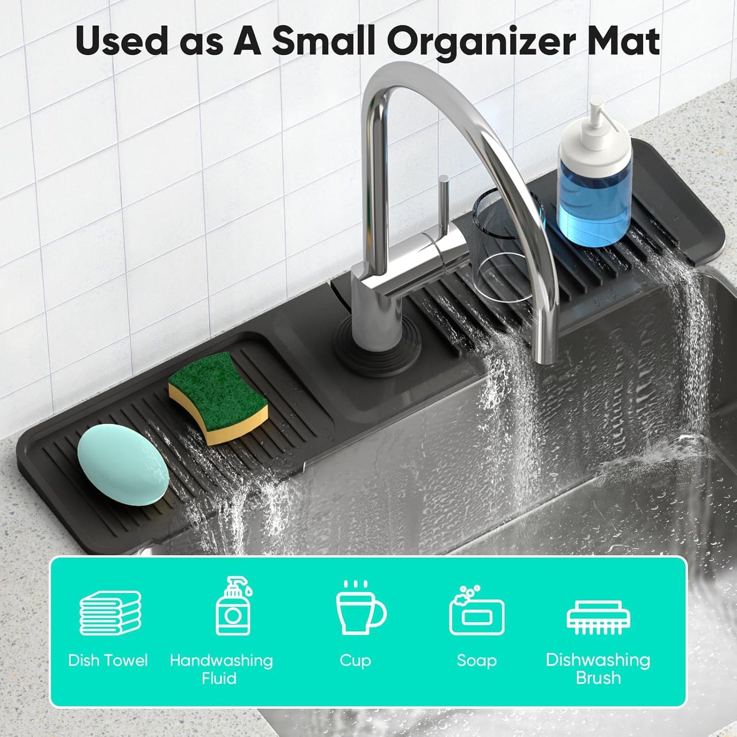 24 Inch Longer Faucet Mat for Kitchen Sink, 5° Slope Fast Self-draining, Kitchen Sink Splash Guard Silicone Sink Faucet Mat Splash Guard Kitchen Sink Area Tidy Splash Faucet Guard Draining Mat