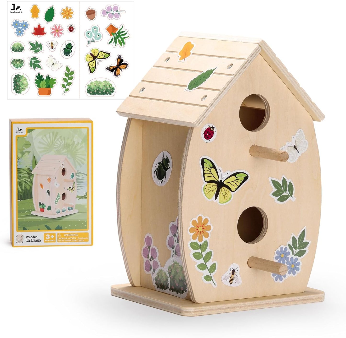 SainSmart Jr. Bird House Kit for Kids to Build and Paint - Art Craft Wooden Toys - Unfinished Wood Crafts with Stickers - Woodworking Crafts for Children Ages 3+