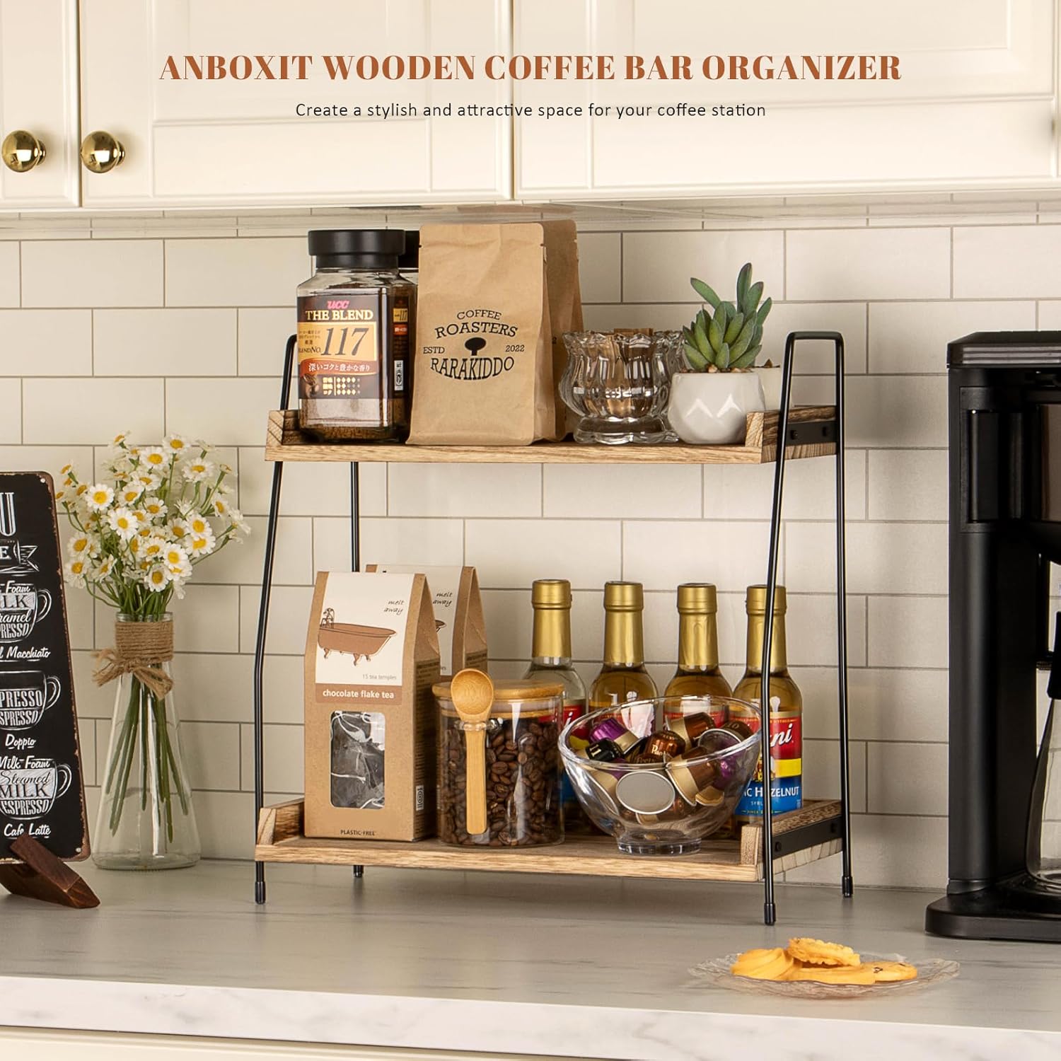 Countertop Coffee Station Organizer, 2 Tier Wooden Shelf for Coffee Ba