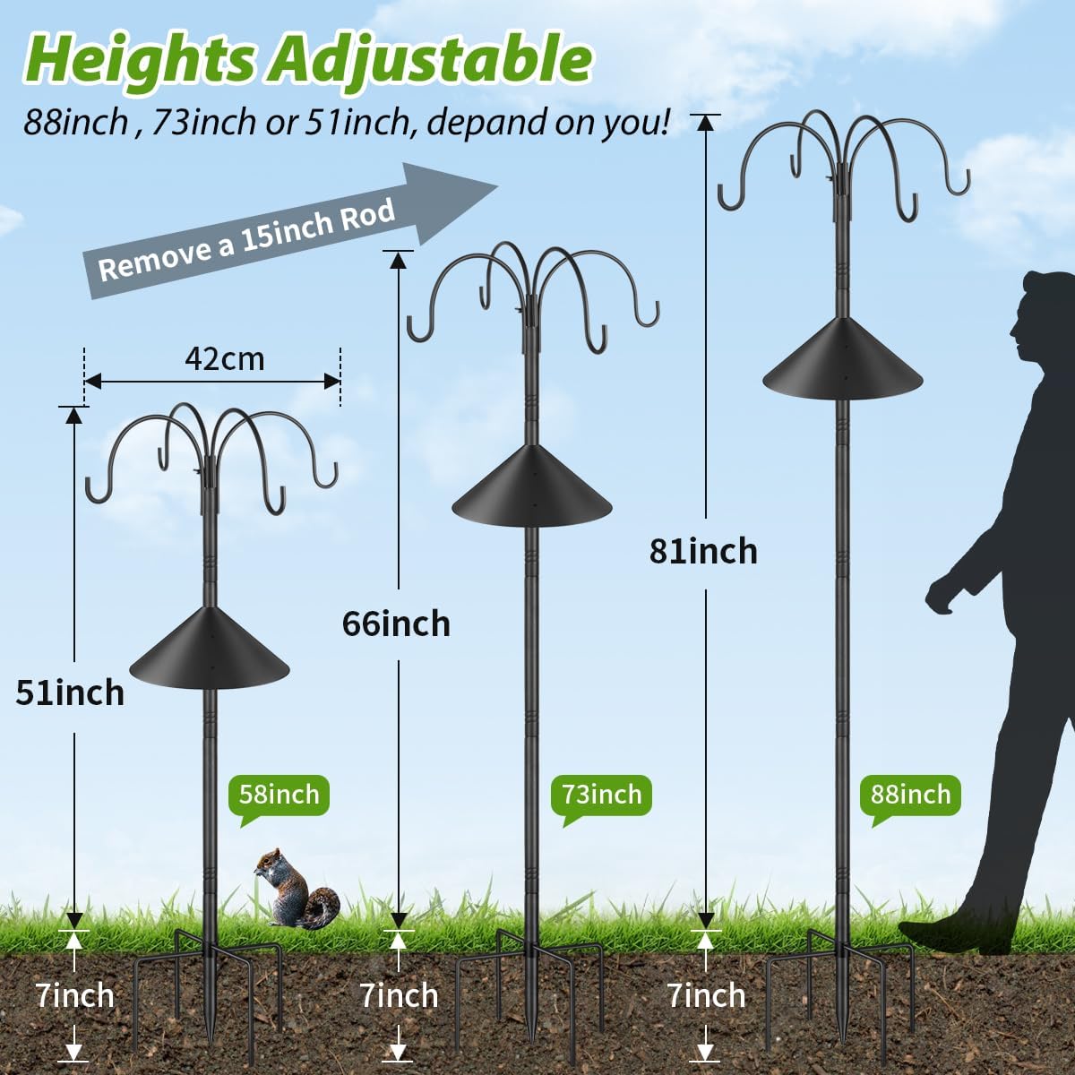 Bird Feeder Pole Stand Squirrel Proof for Outdoors Heavy Duty Shepherds Hook for Bird Feeder with Baffle, 88in Tall Double Garden Hooks for Hanging Plant Light, 1 Pack