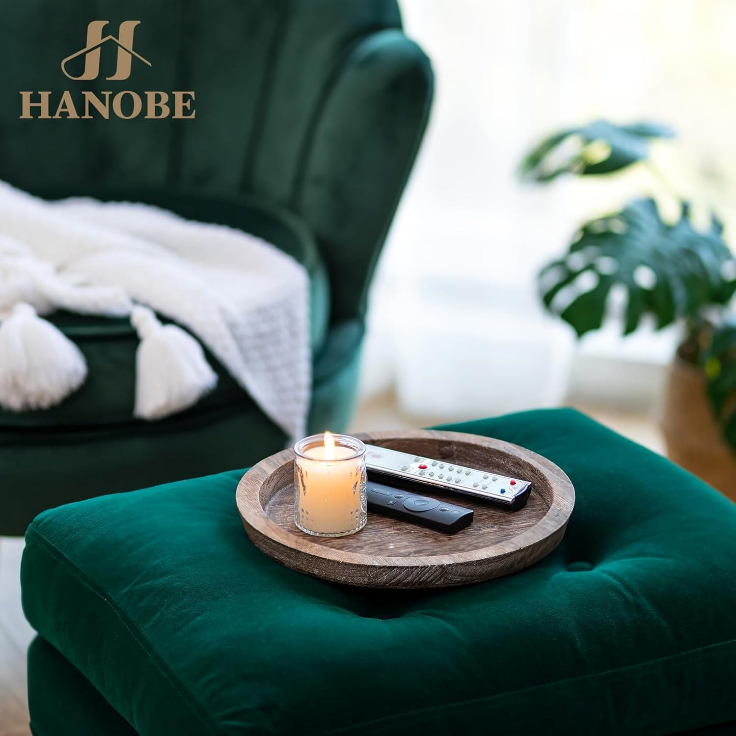 Hanobe Wooden Tray for Coffee Table: Candle Holder Plate Round Decorat