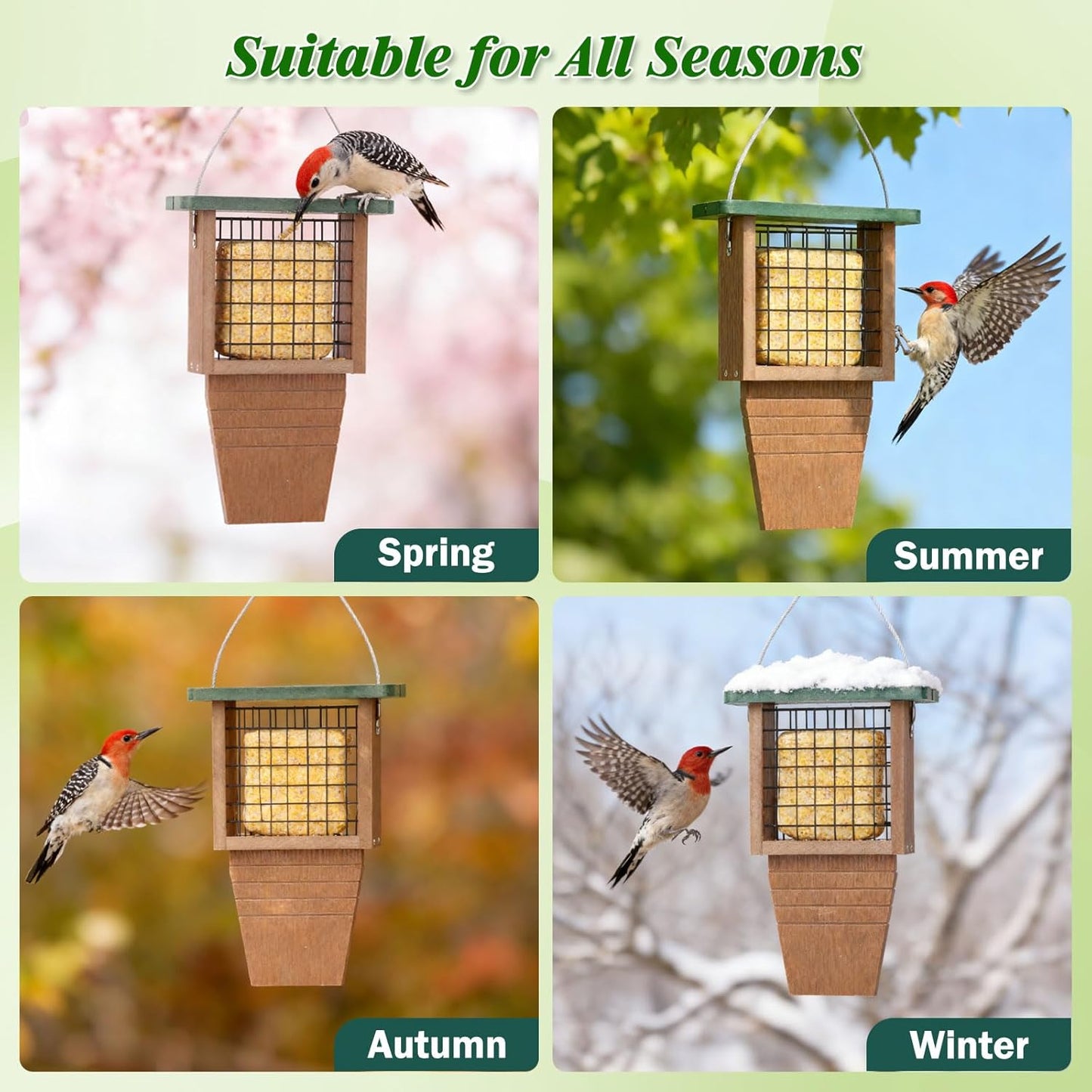 Gtongoko Recycled Plastic Suet Bird Feeder for Outside Hanging, Woodpecker Suet Feeder with Tail Prop, Hanging Suet Holder Birdfeeders, 1 Pack, Green