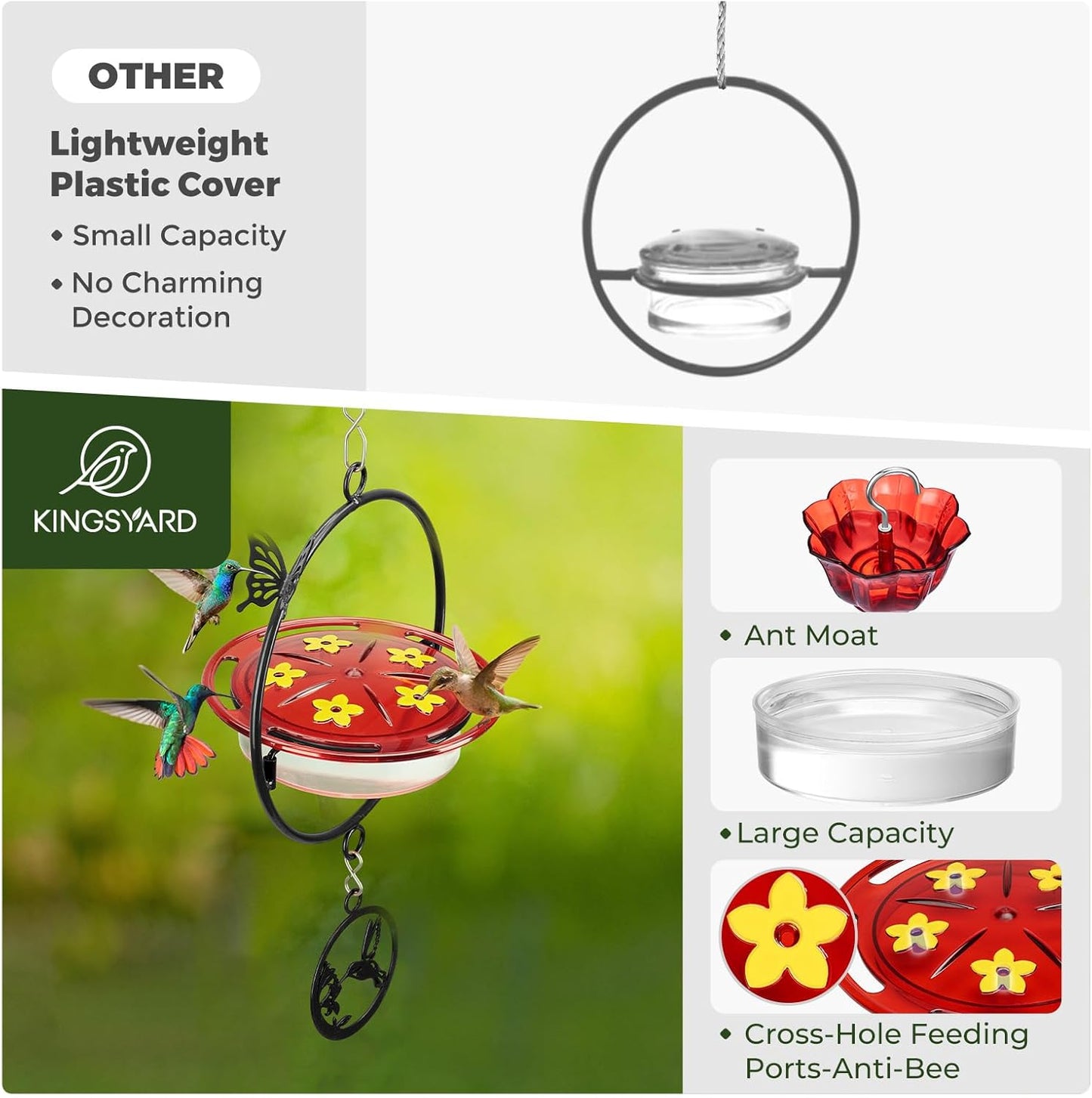 Kingsyard Upgraded Hummingbird Feeder Hanging, Large Capacity Nectar Tray Bee Proof Leakproof, Outdoor 5 Port Perch Metal Bracket Ant Moat Easy Clean Weather Resistant，Black Metal Frame